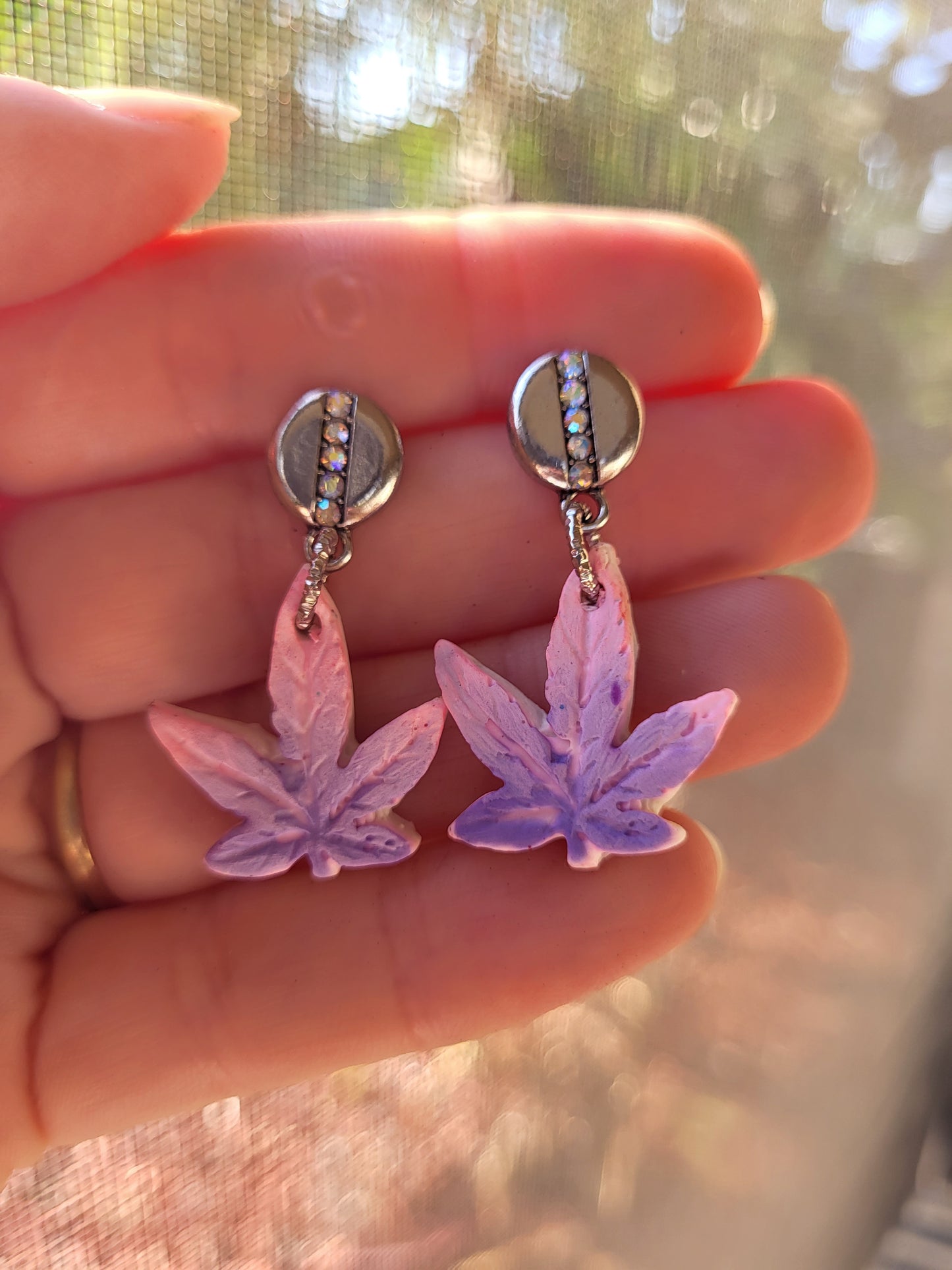 Pink and Purple Weed Leaf Earrings