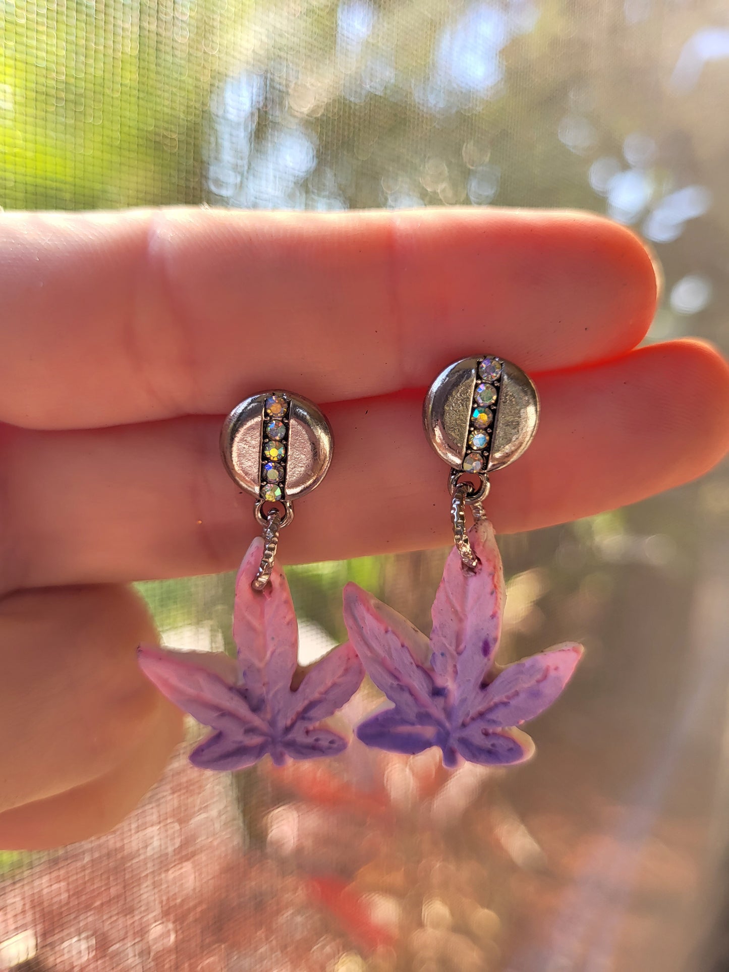 Pink and Purple Weed Leaf Earrings