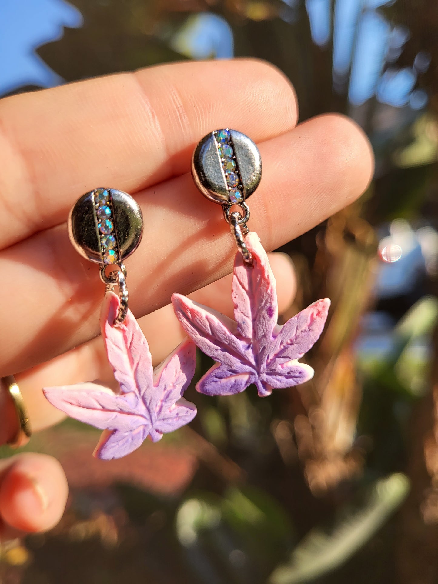 Pink and Purple Weed Leaf Earrings