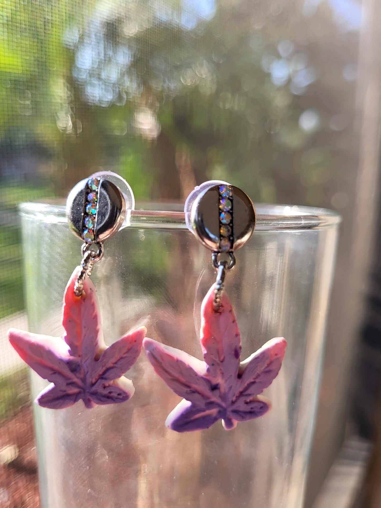 Pink and Purple Weed Leaf Earrings