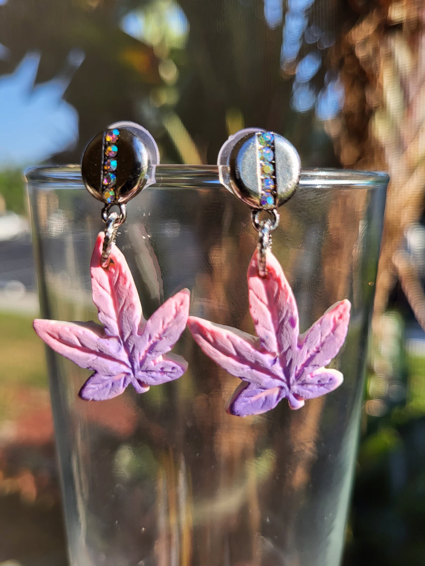 Pink and Purple Weed Leaf Earrings