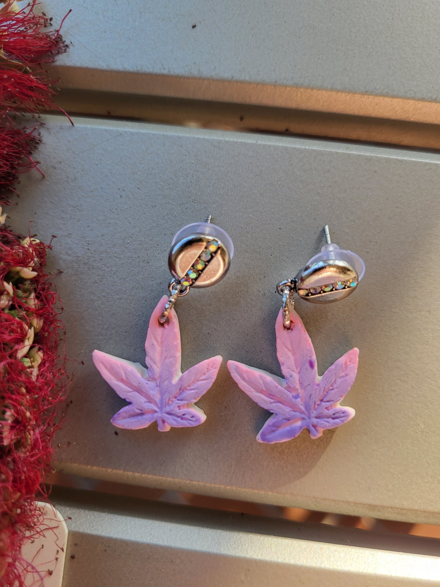 Pink and Purple Weed Leaf Earrings