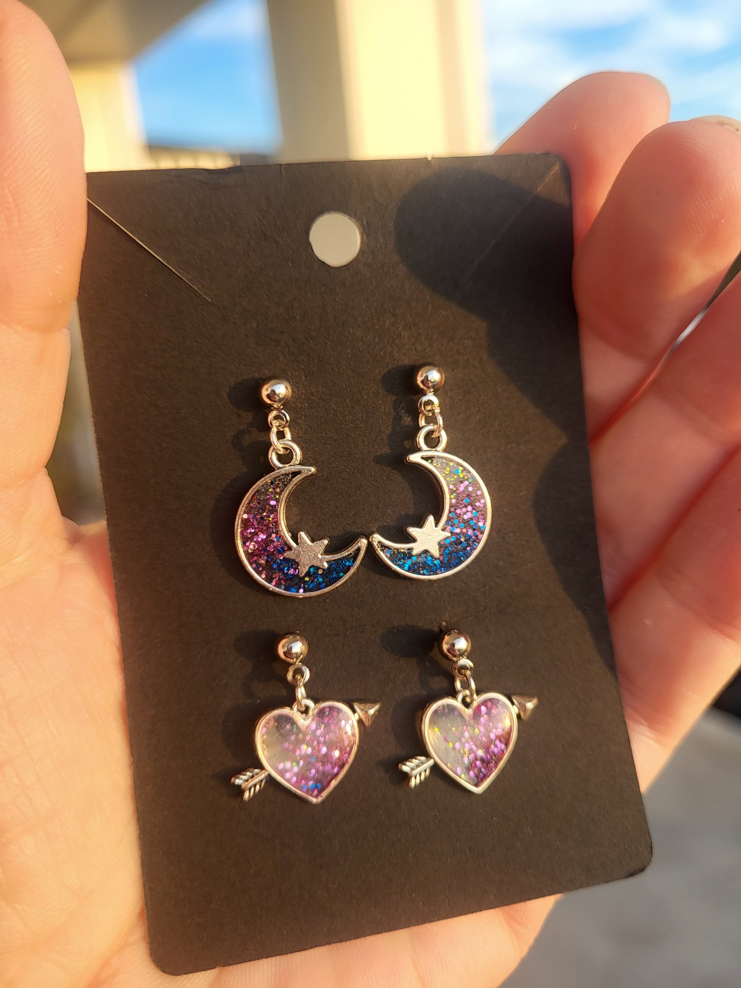 Colorful Silver Charm Post Earrings Hearts, Moons and Stars