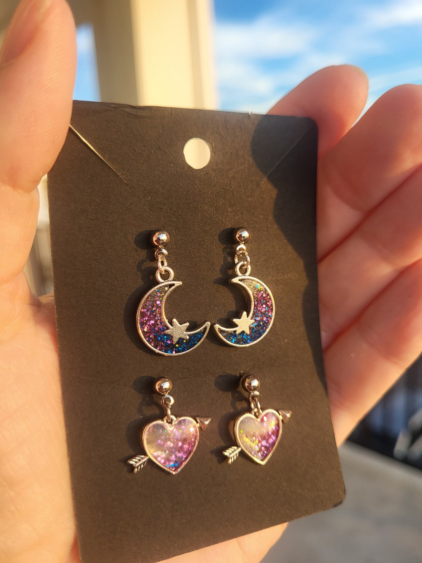 Colorful Silver Charm Post Earrings Hearts, Moons and Stars