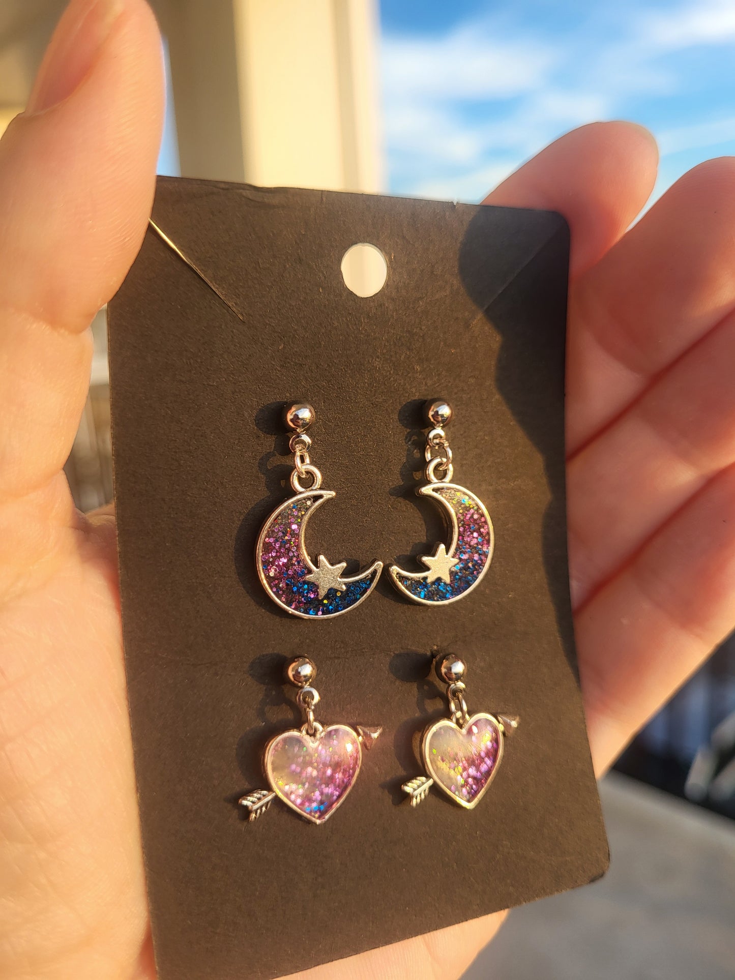 Colorful Silver Charm Post Earrings Hearts, Moons and Stars