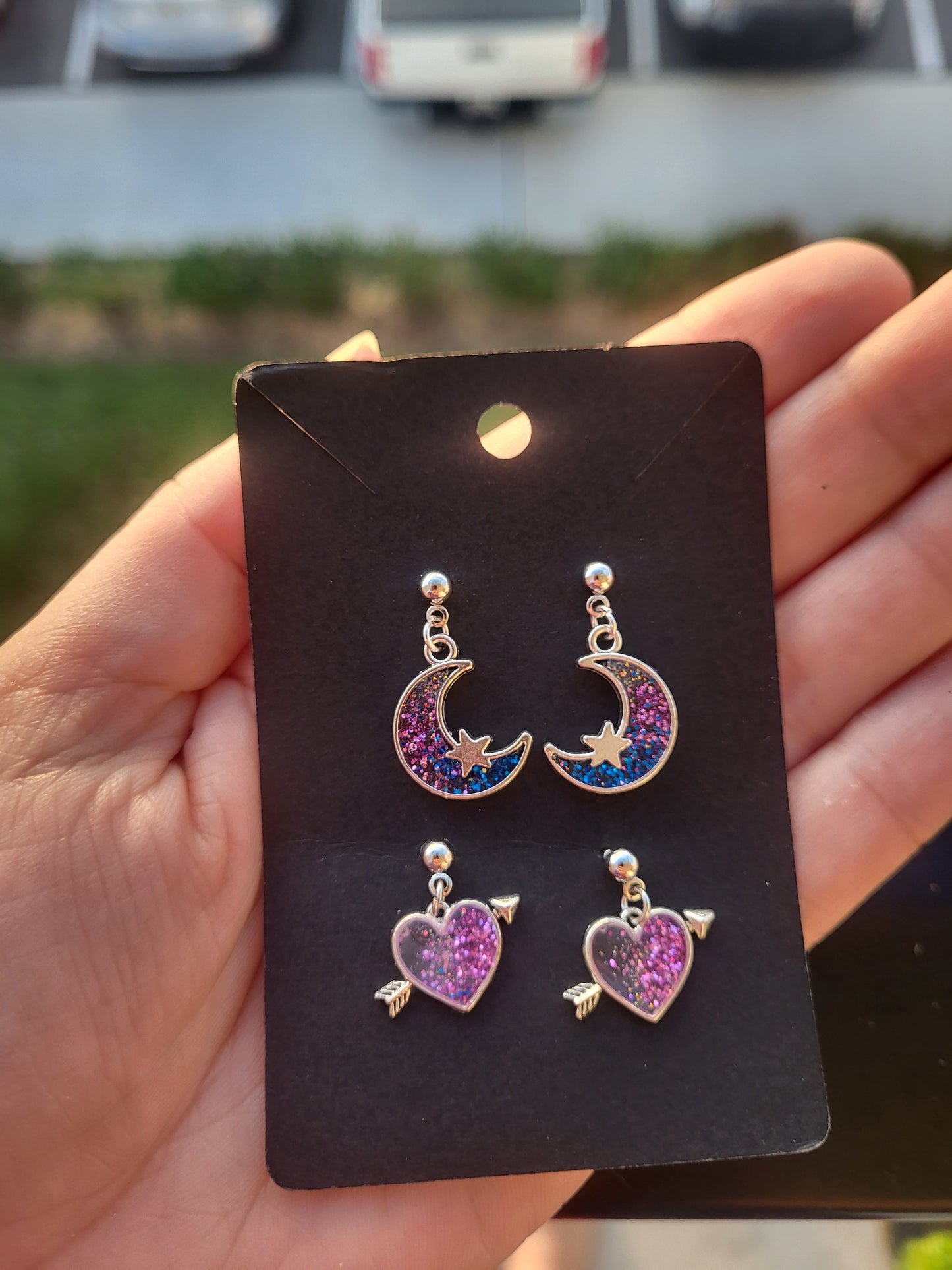 Colorful Silver Charm Post Earrings Hearts, Moons and Stars