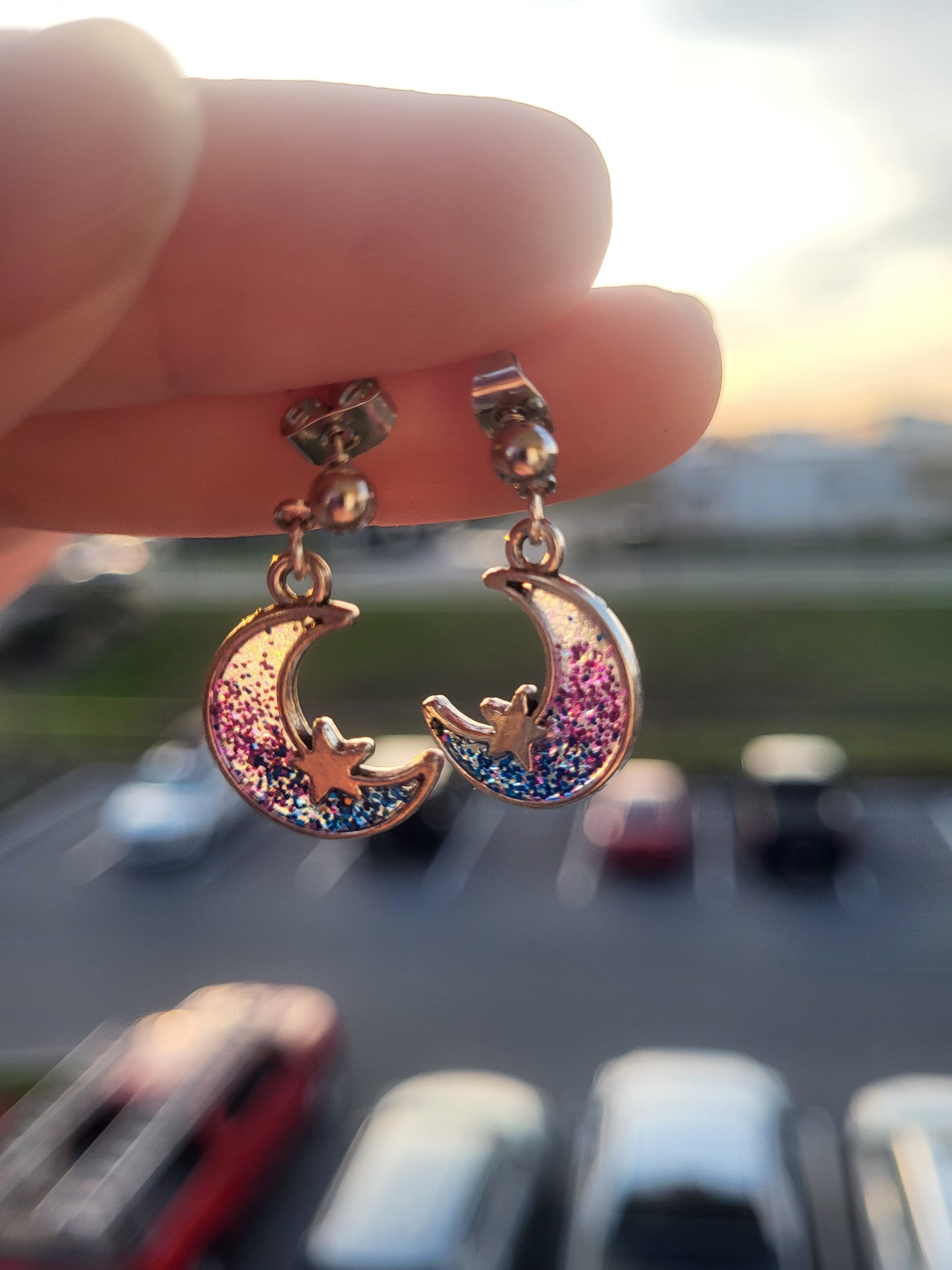 Colorful Silver Charm Post Earrings Hearts, Moons and Stars