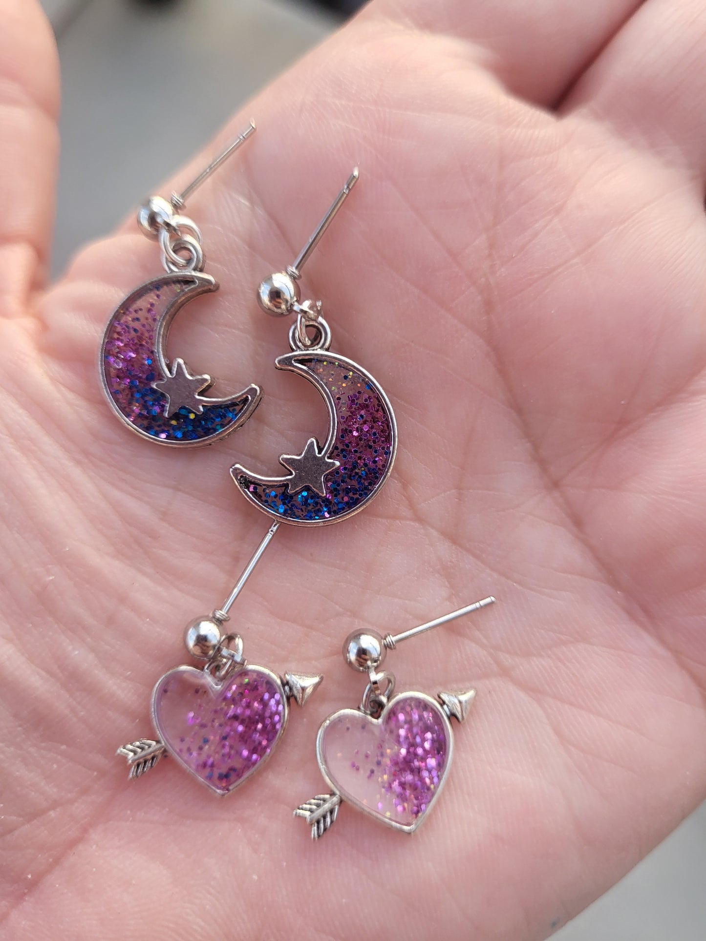 Colorful Silver Charm Post Earrings Hearts, Moons and Stars