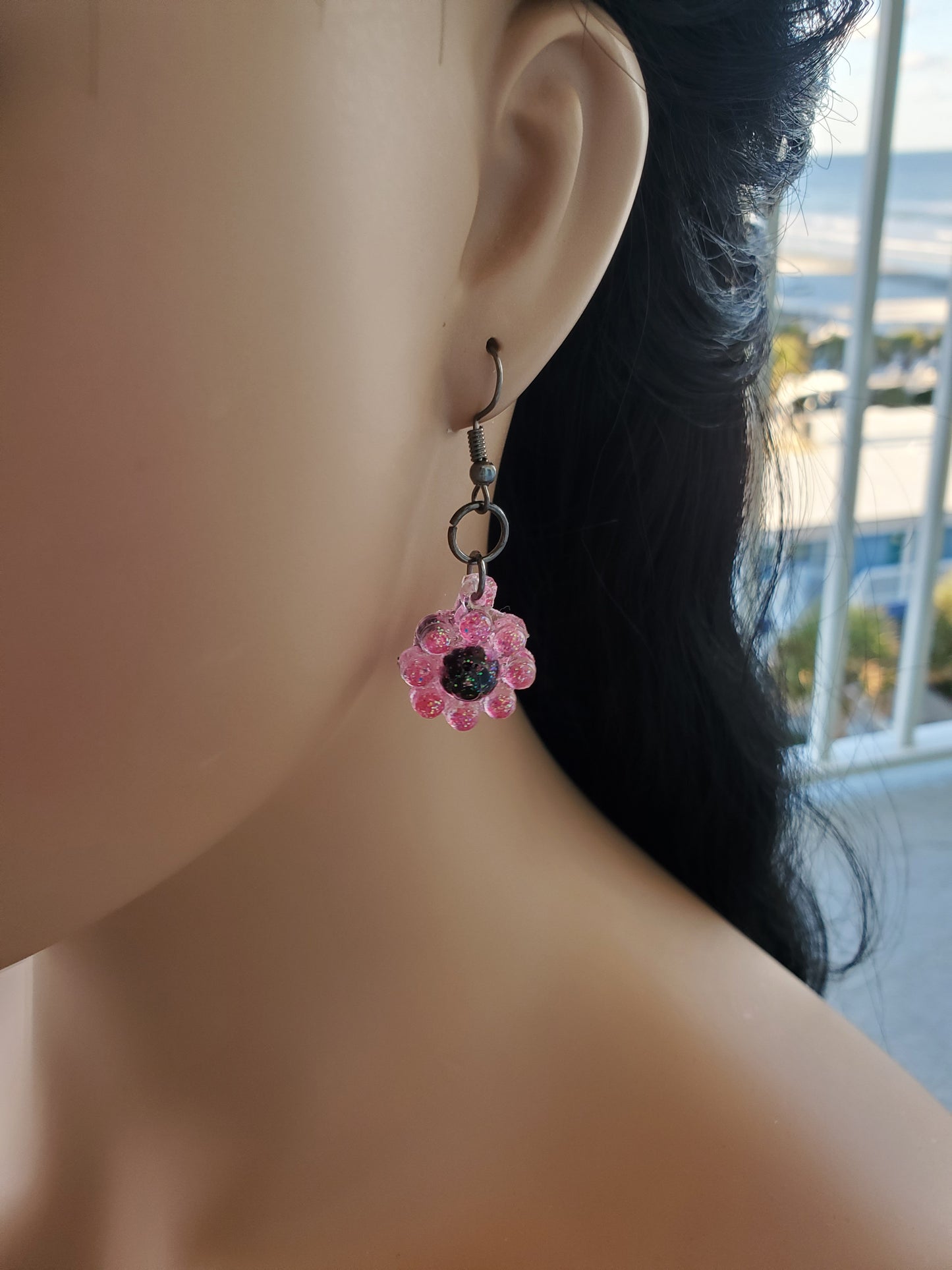 Pink and Black Flower Shaped Earrings