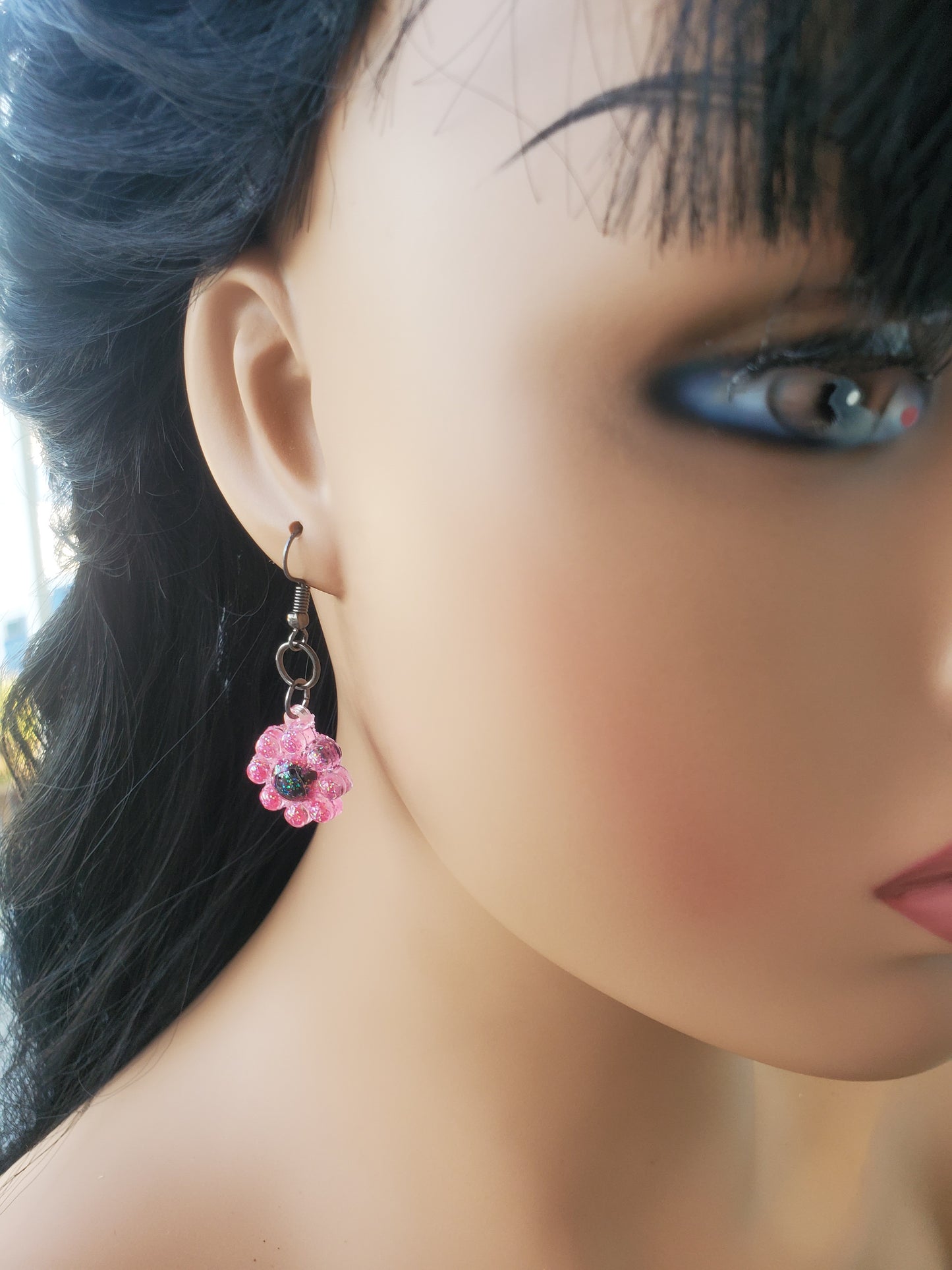 Pink and Black Flower Shaped Earrings