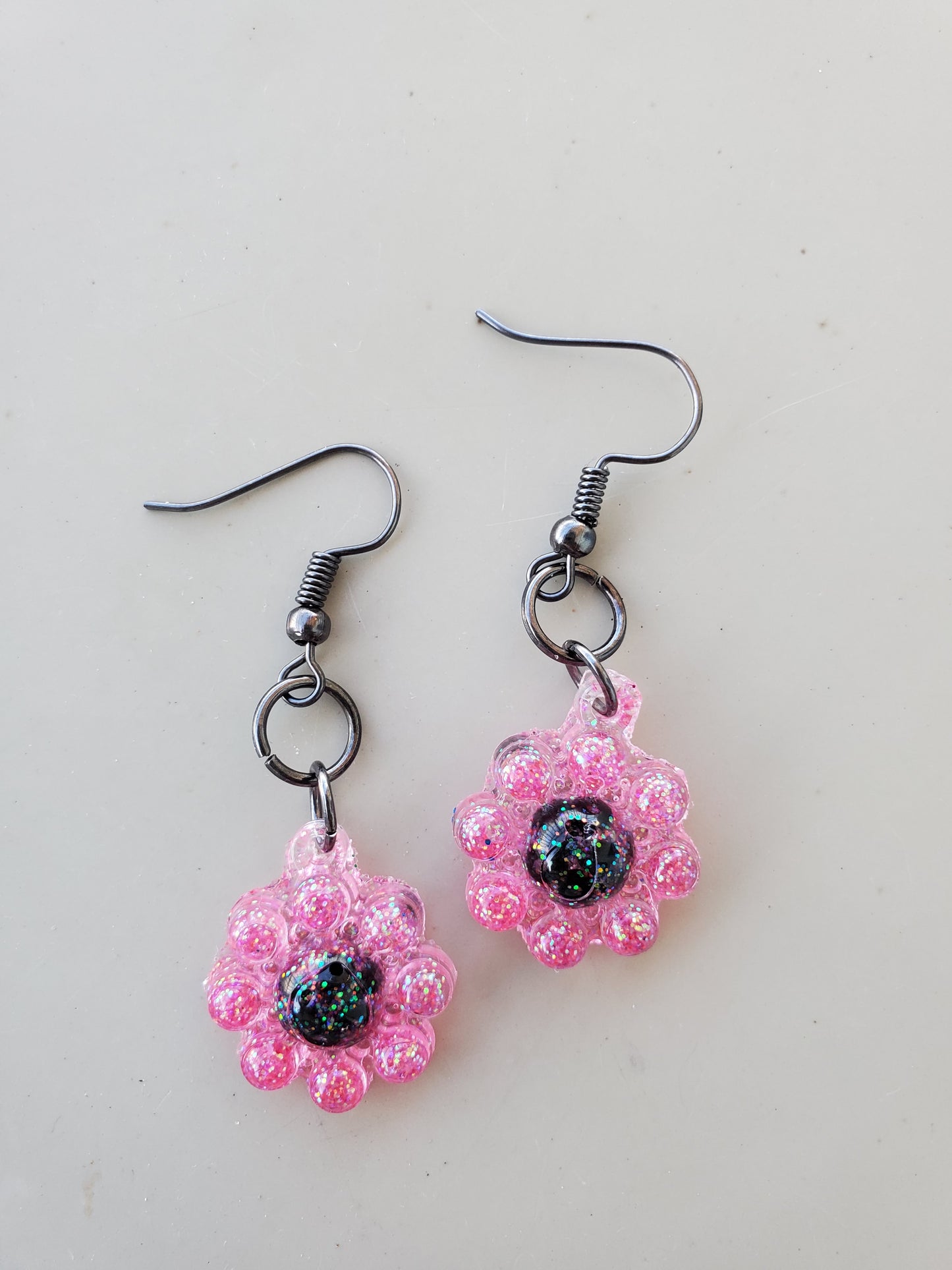 Pink and Black Flower Shaped Earrings