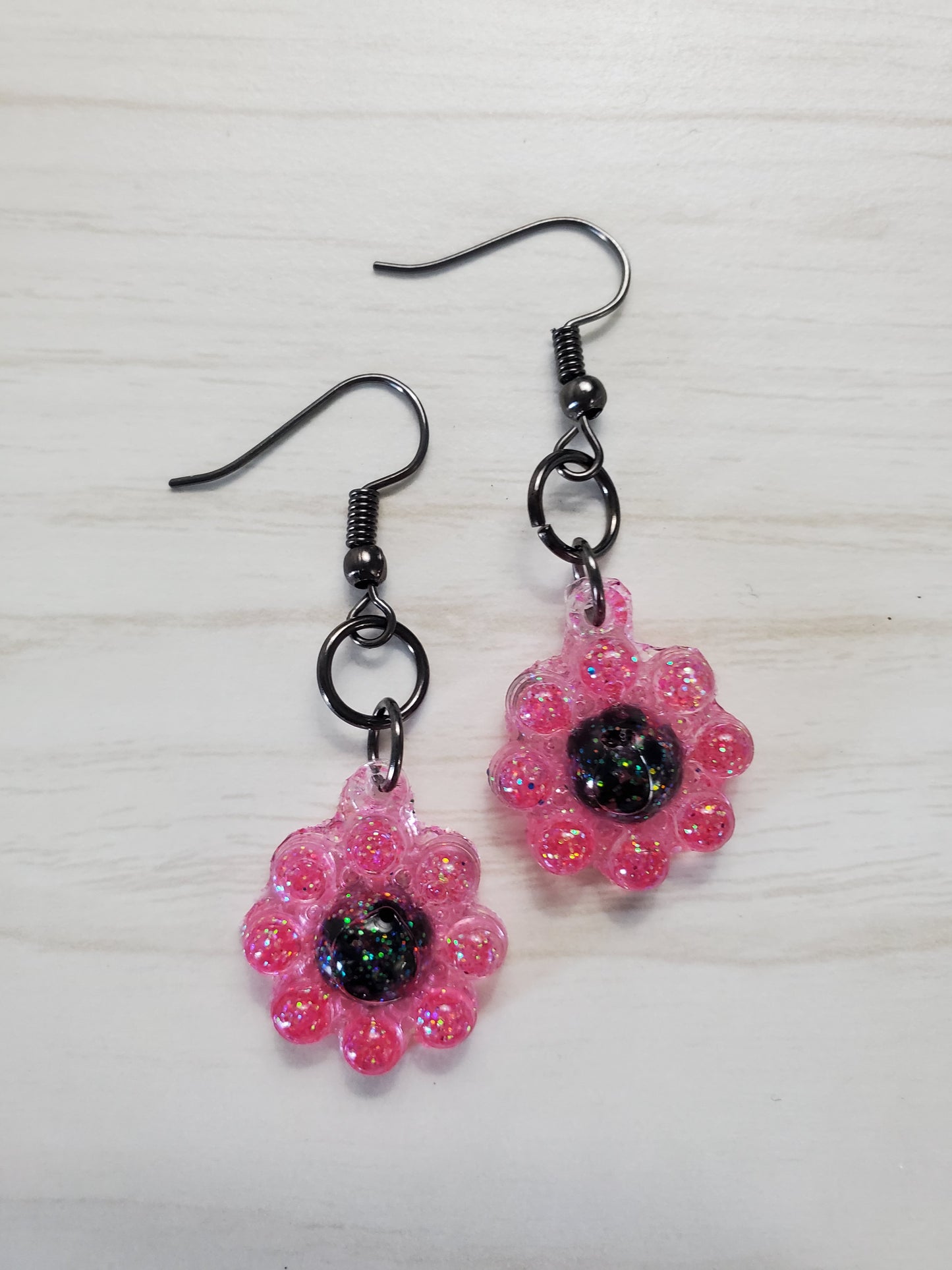 Pink and Black Flower Shaped Earrings