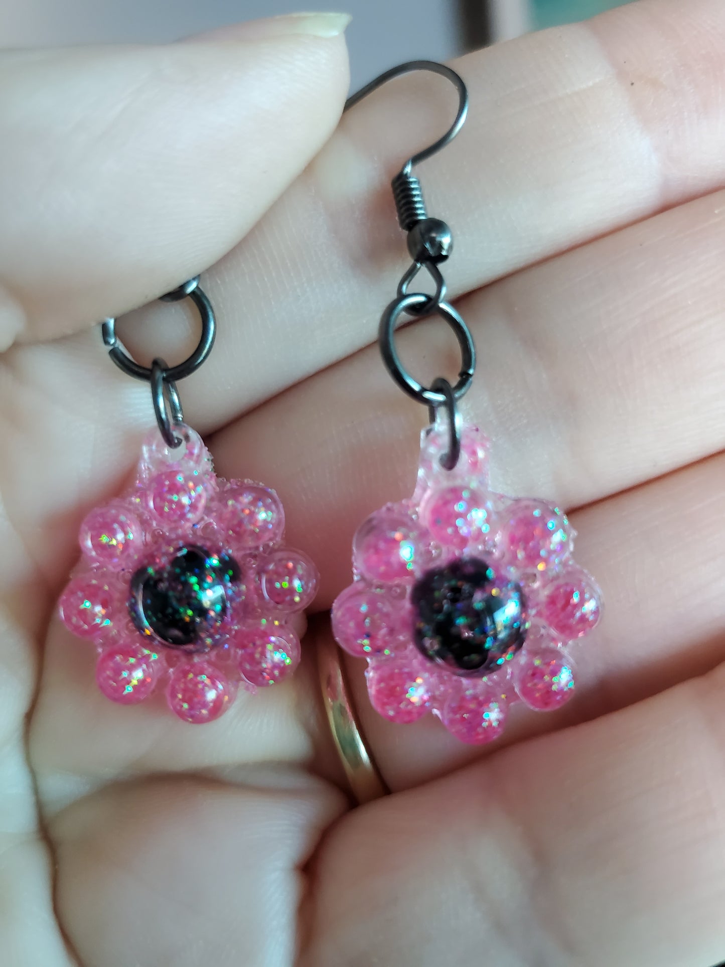 Pink and Black Flower Shaped Earrings