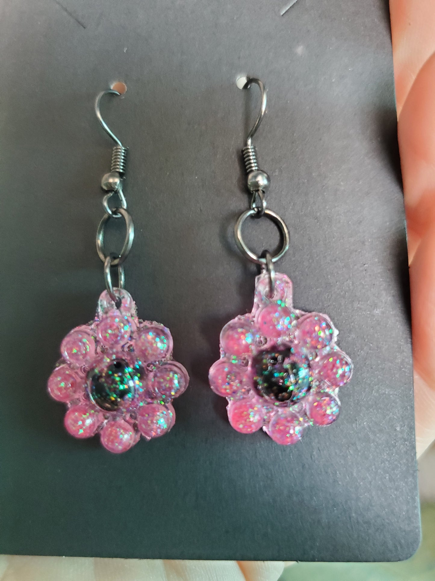 Pink and Black Flower Shaped Earrings