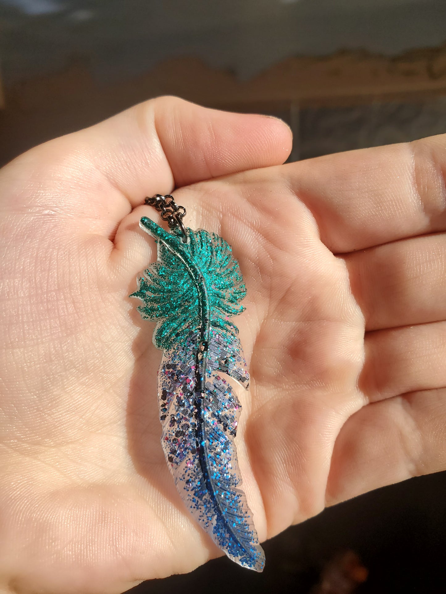 Teal And Purple Feather Pendant