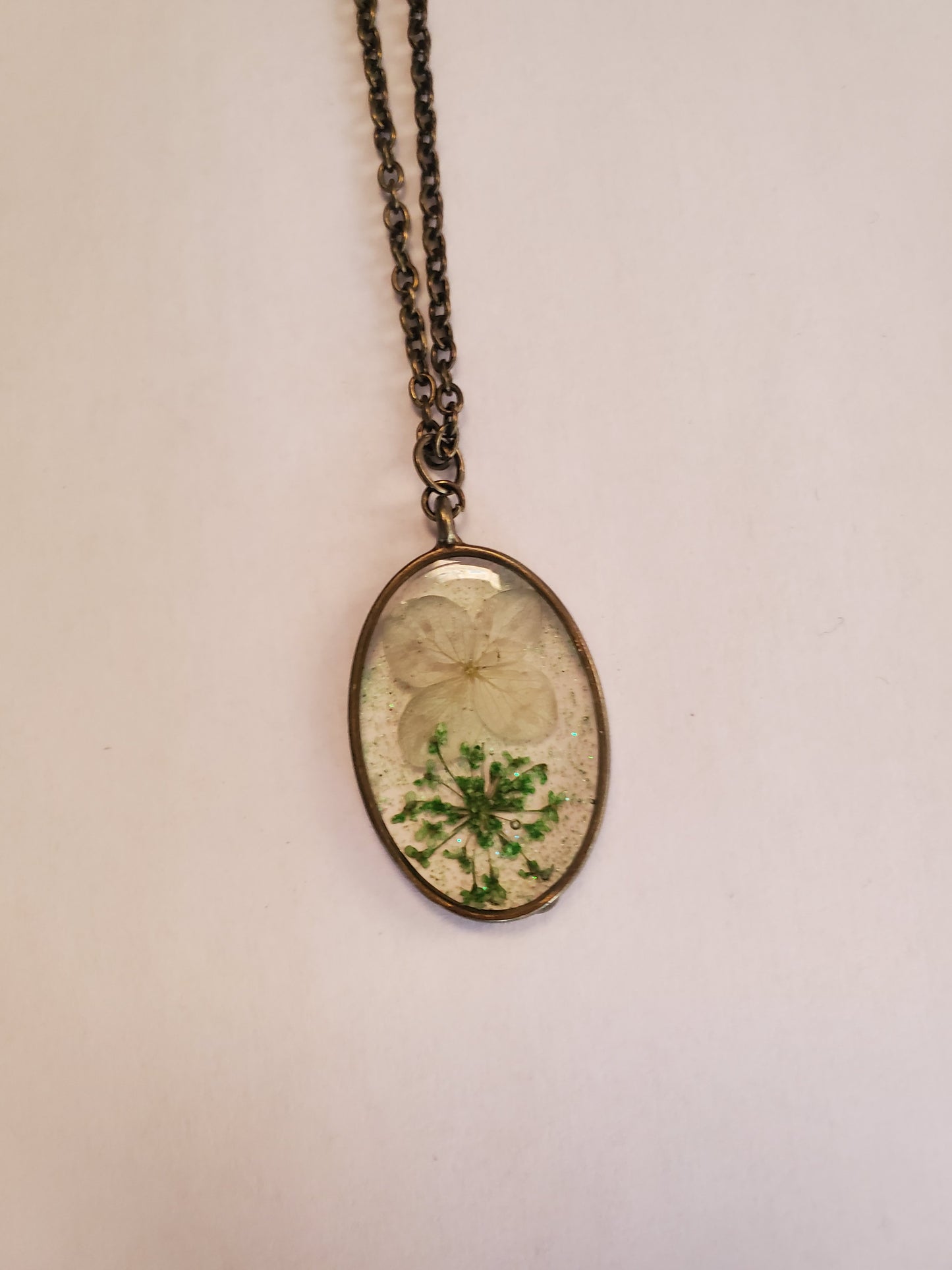 Oval Bronze Necklace With Real Flowers