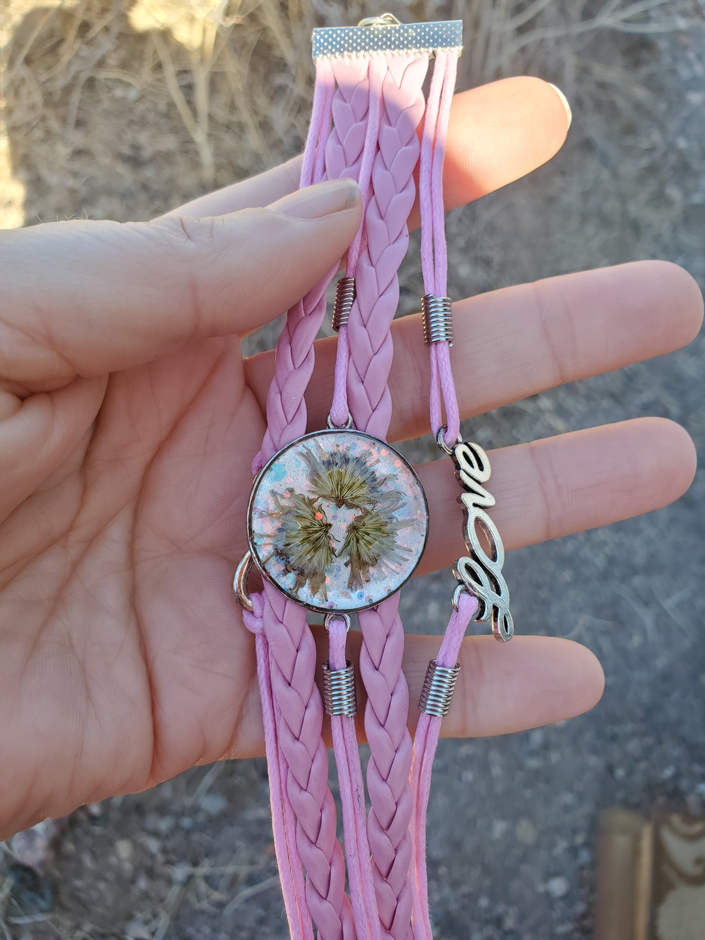 Pink Flowers and Braids Bracelet