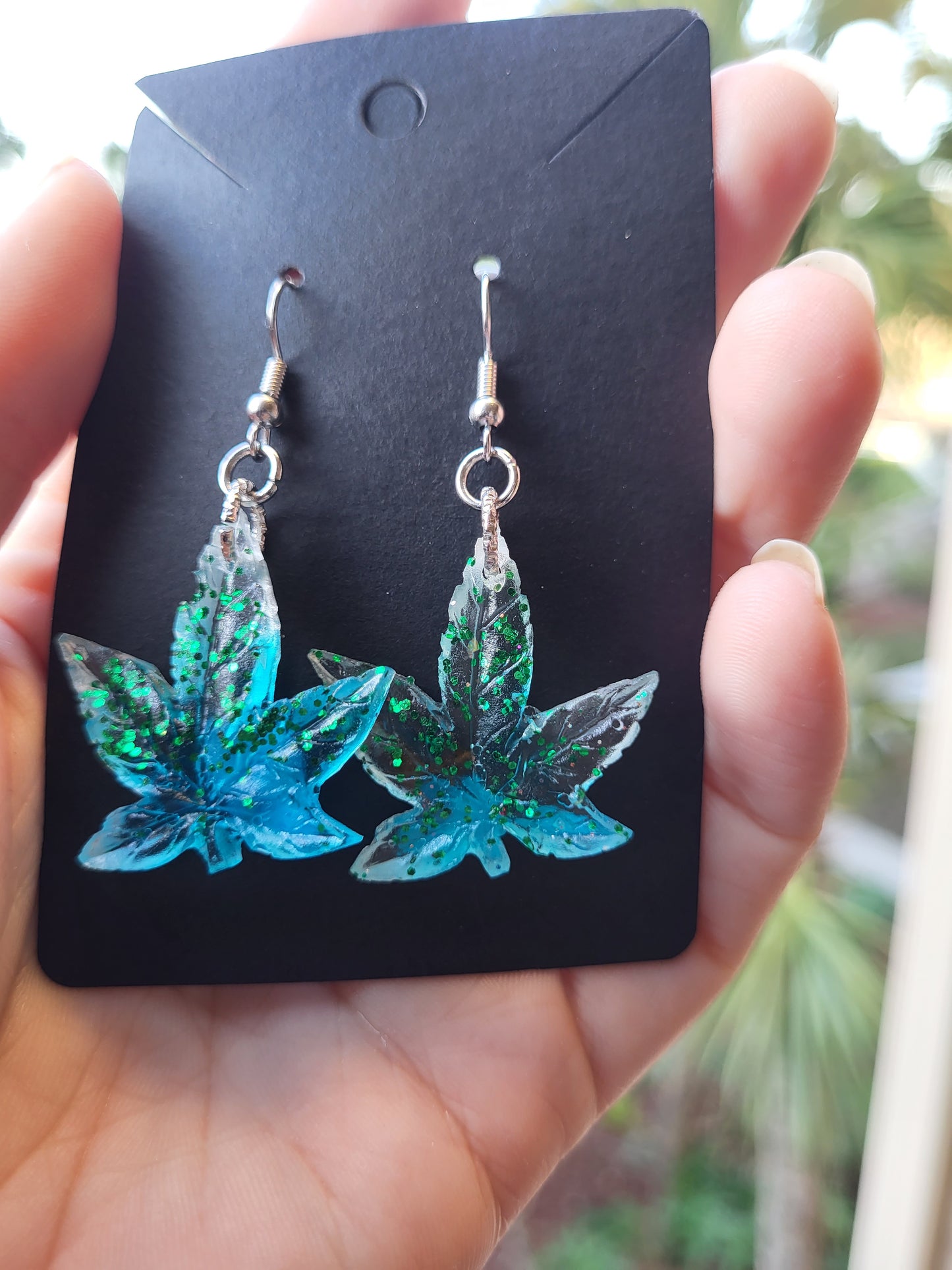 Green & Blue Weed Leaf Earrings