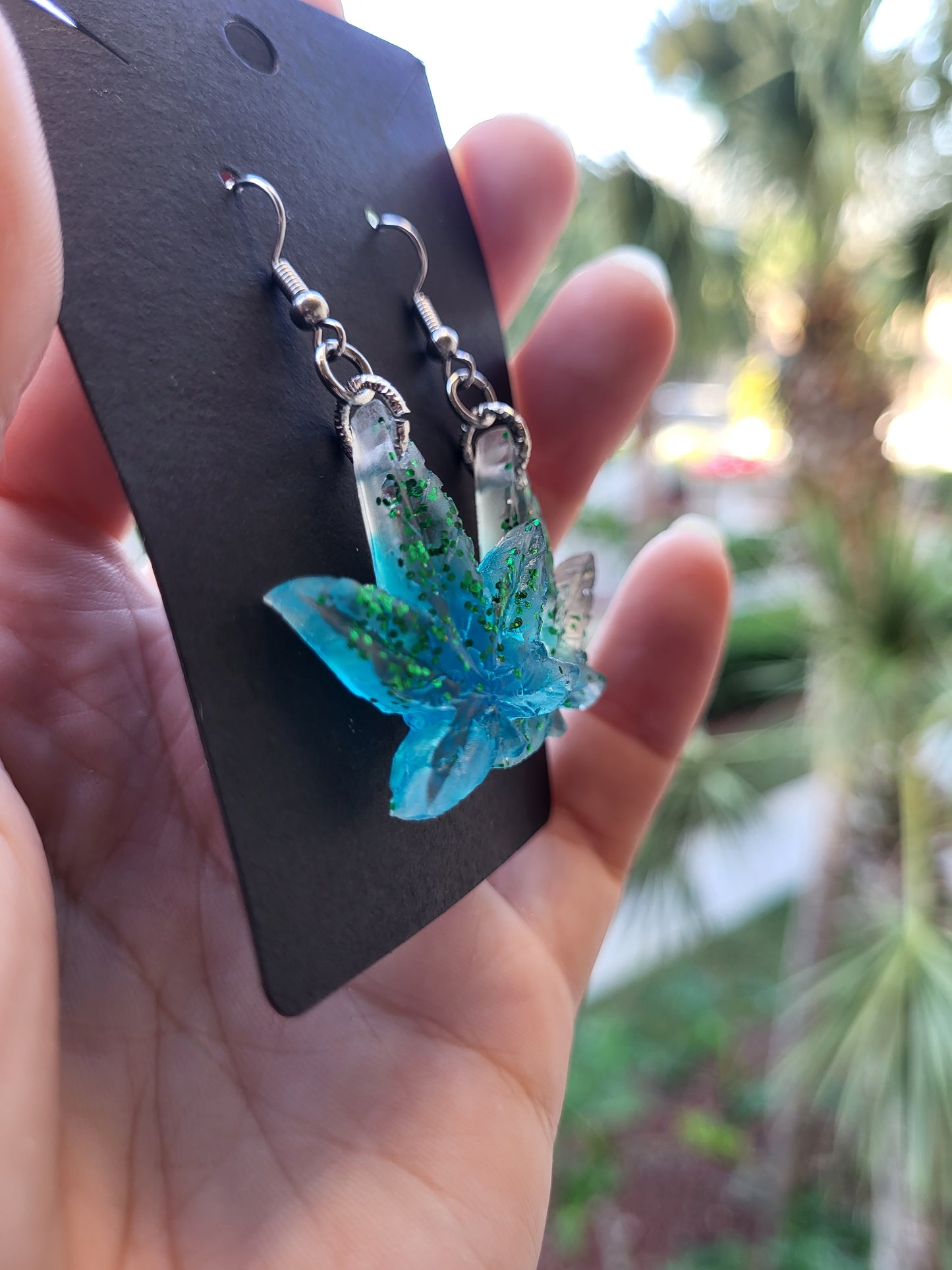 Green & Blue Weed Leaf Earrings