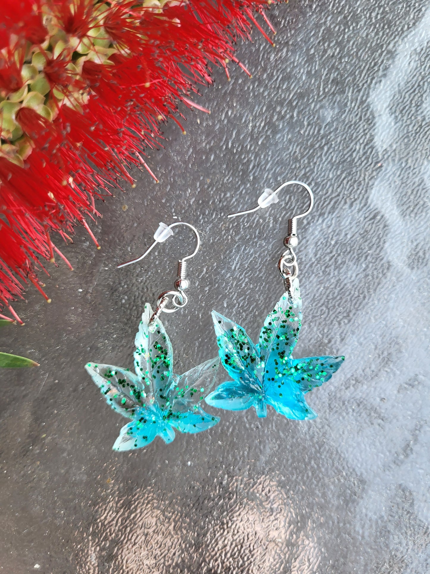 Green & Blue Weed Leaf Earrings