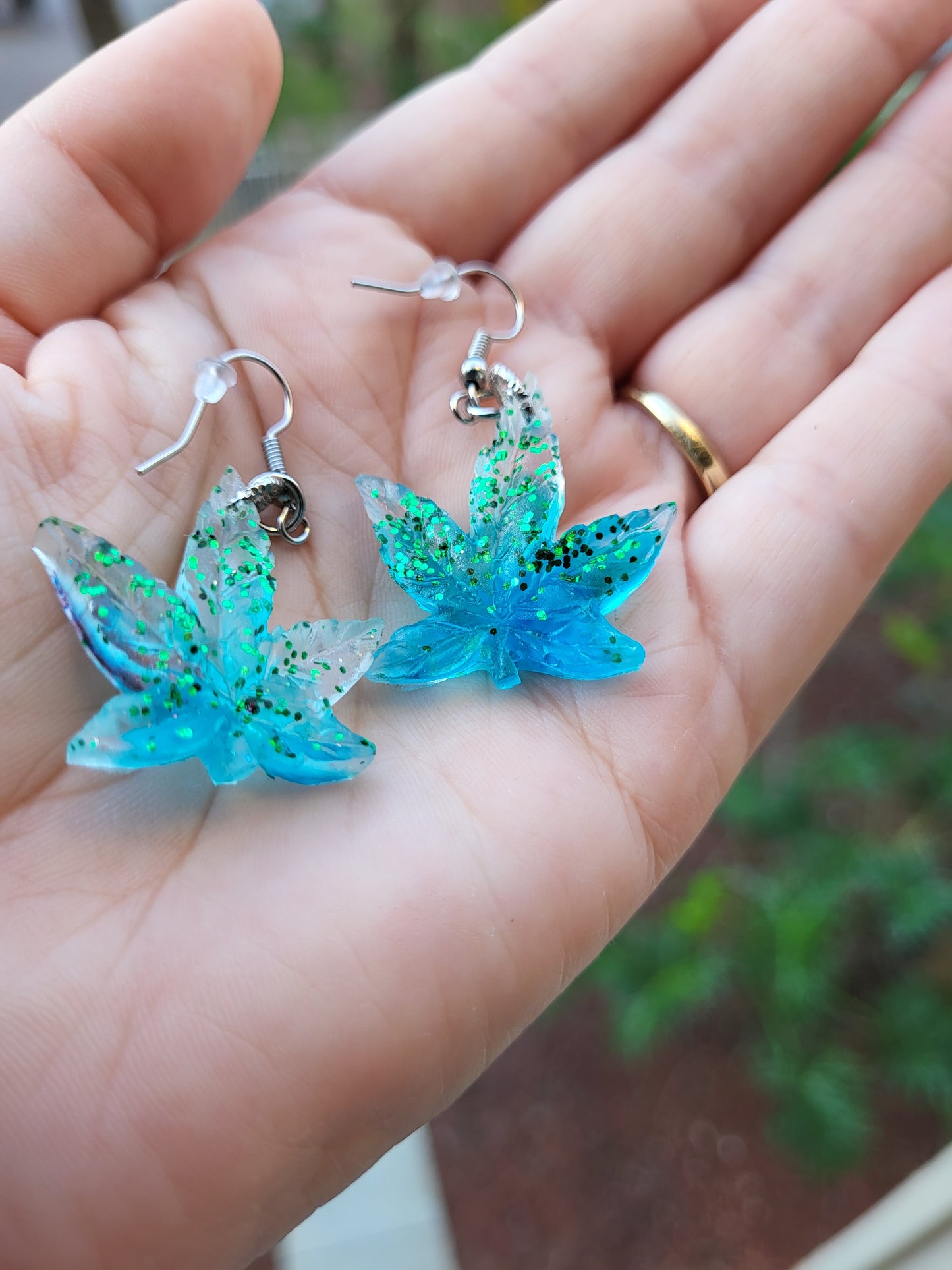 Green & Blue Weed Leaf Earrings