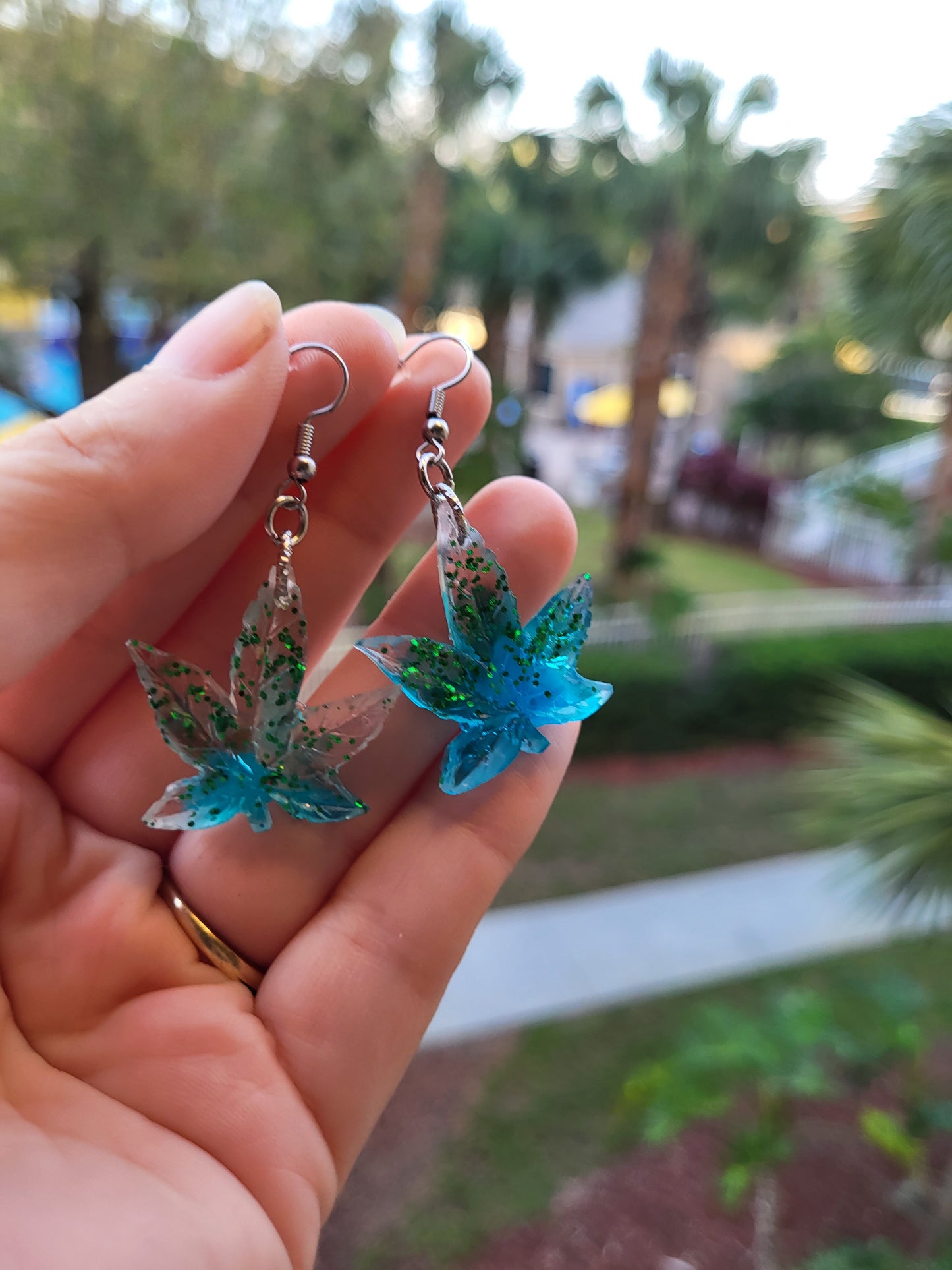 Green & Blue Weed Leaf Earrings