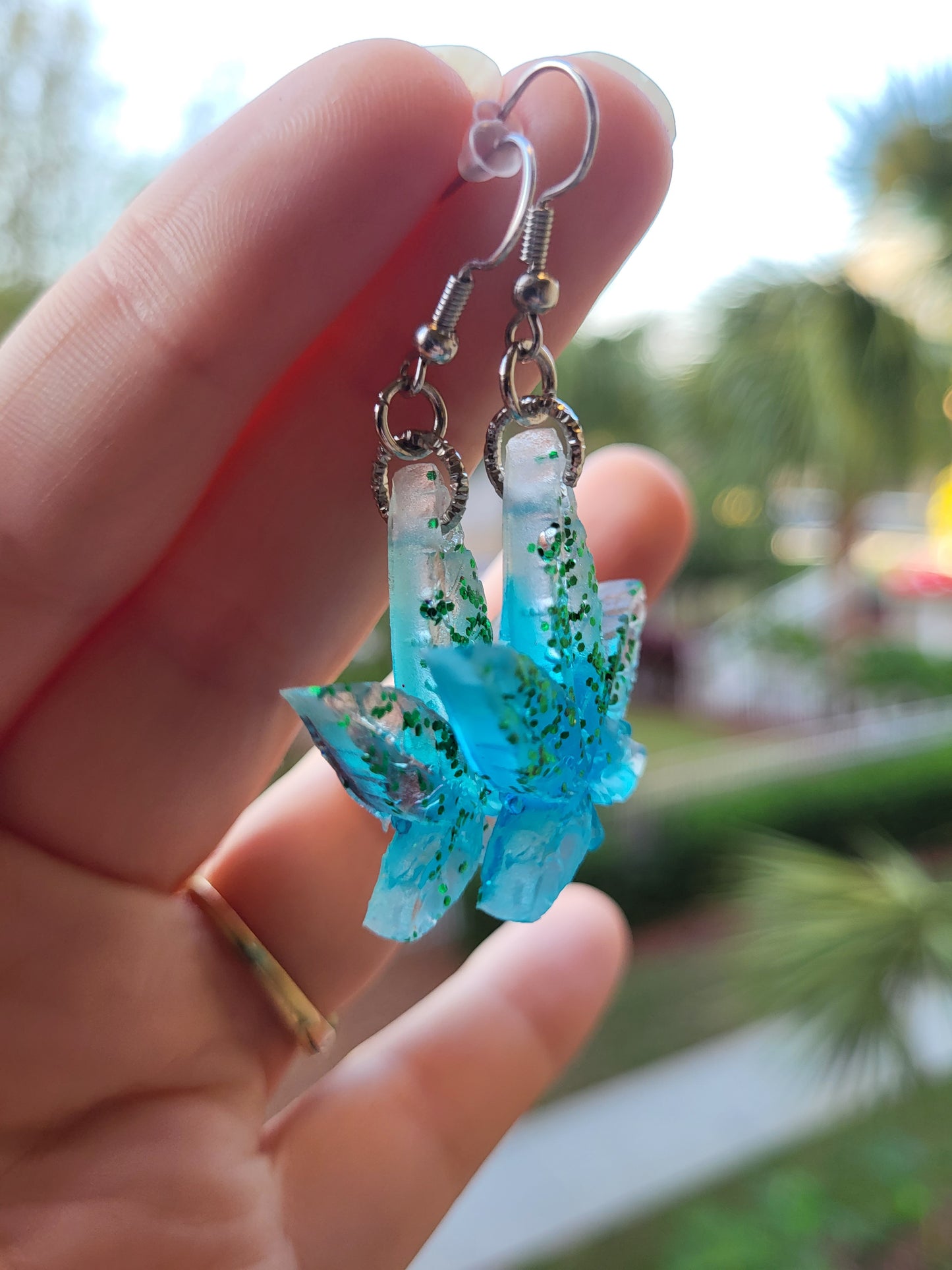 Green & Blue Weed Leaf Earrings