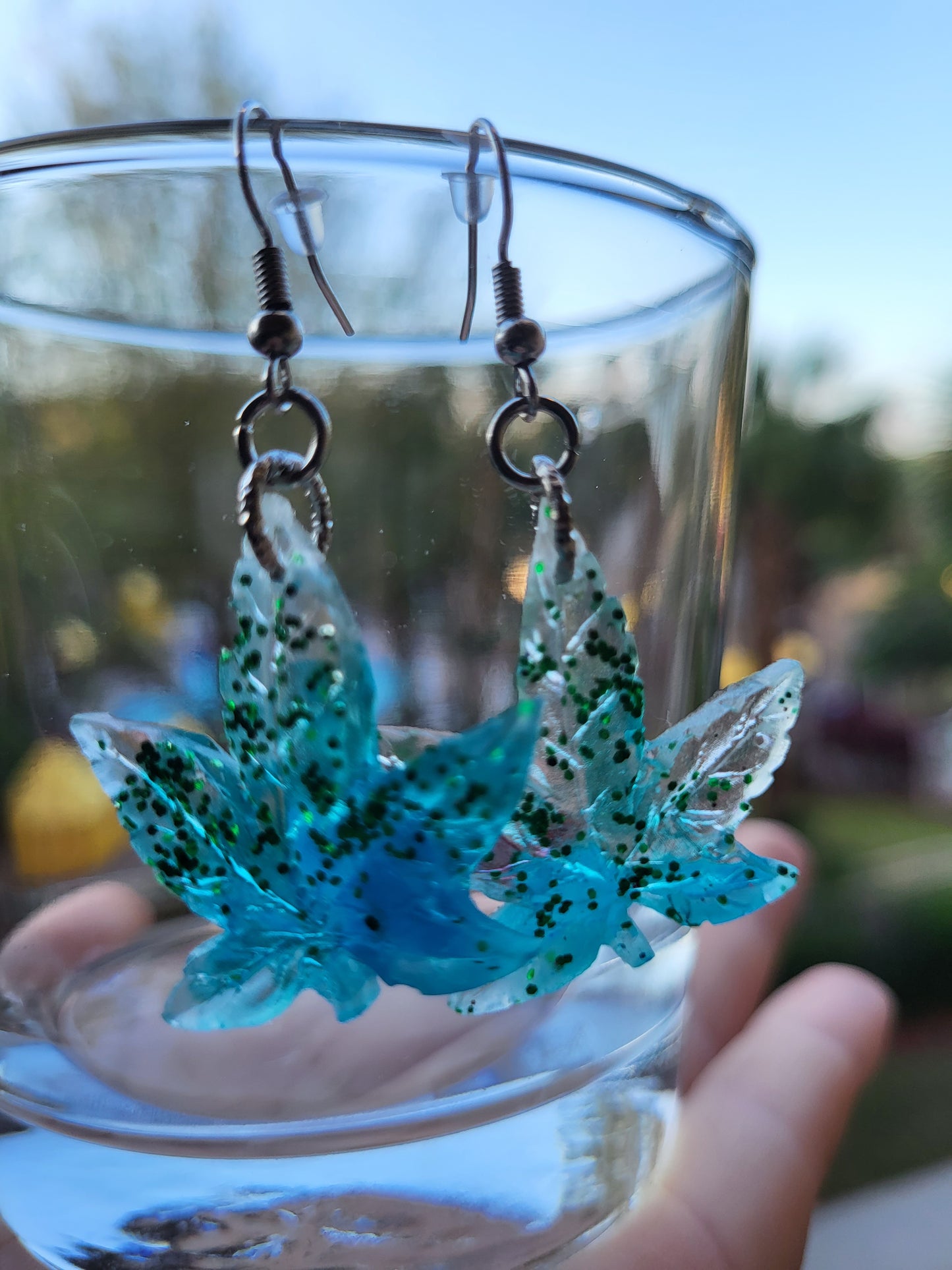 Green & Blue Weed Leaf Earrings