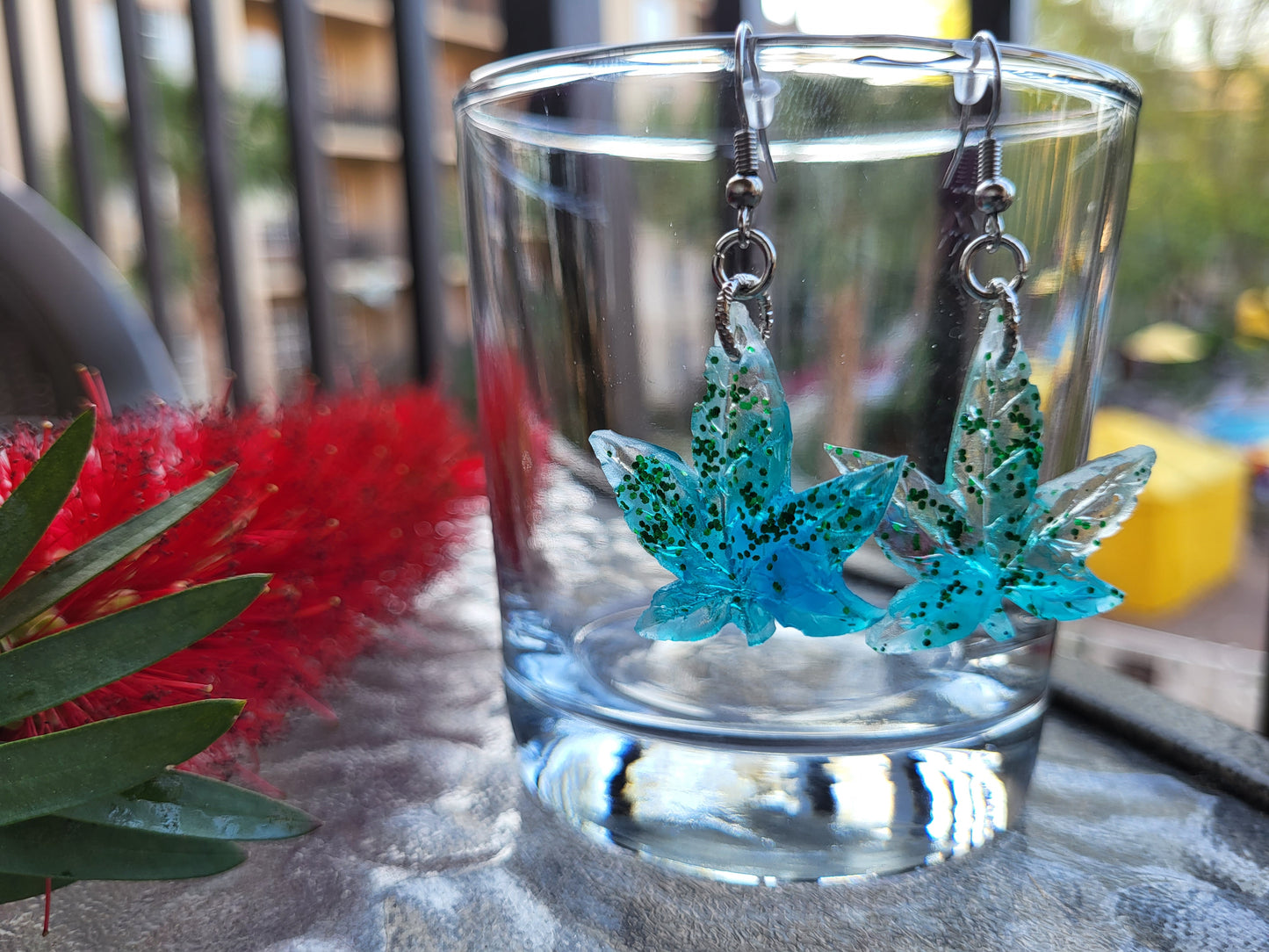 Green & Blue Weed Leaf Earrings