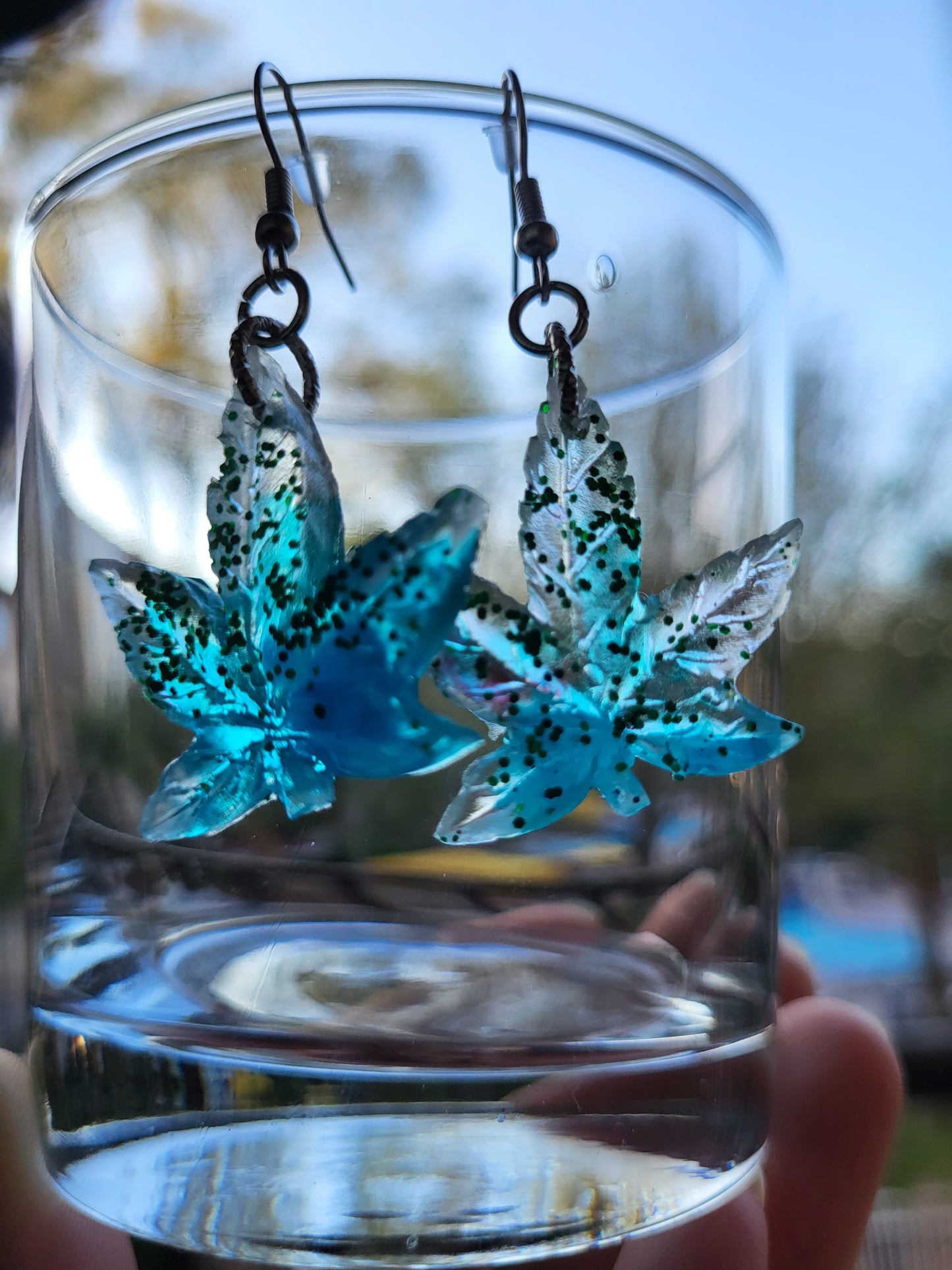 Green & Blue Weed Leaf Earrings