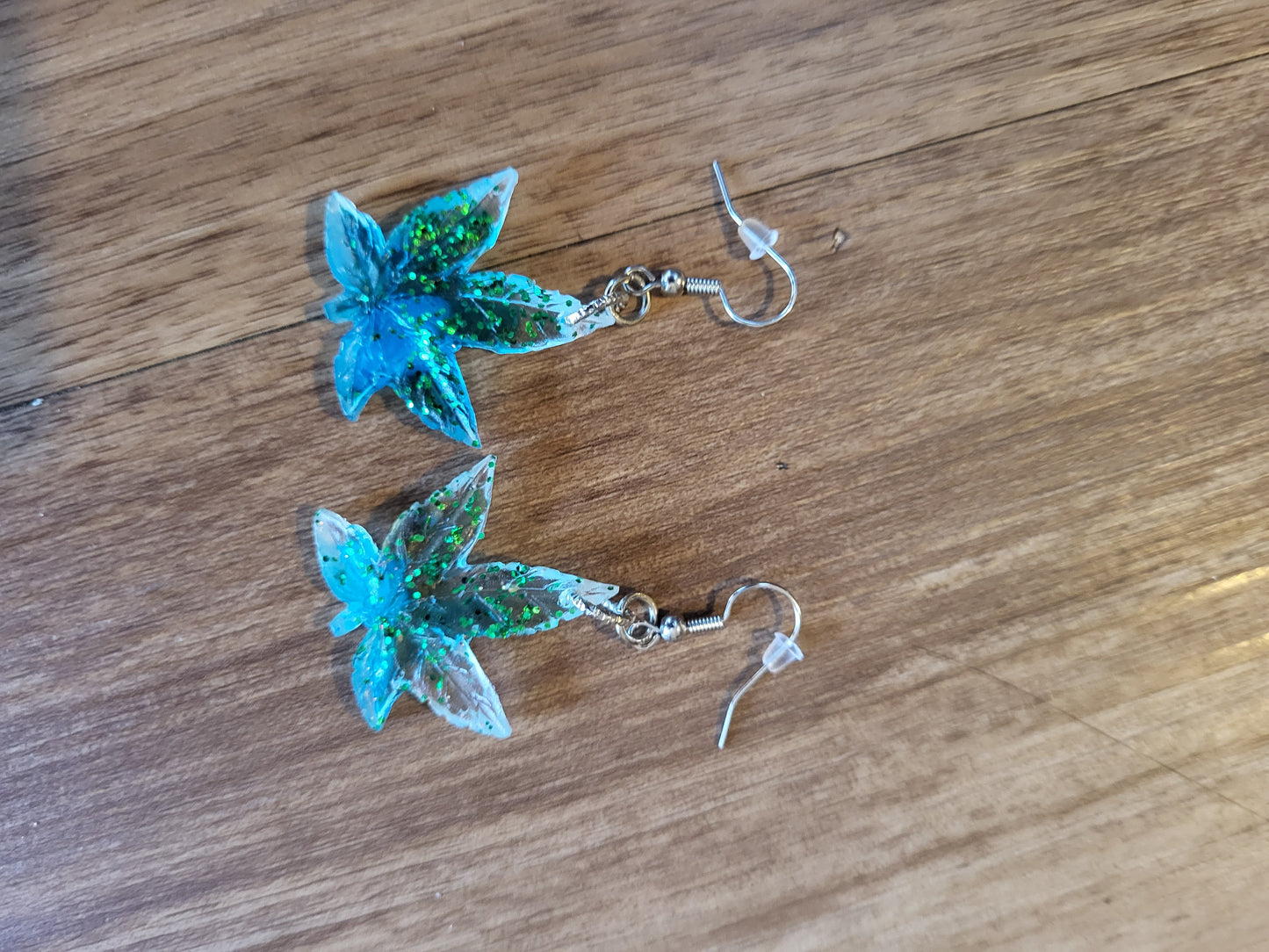 Green & Blue Weed Leaf Earrings