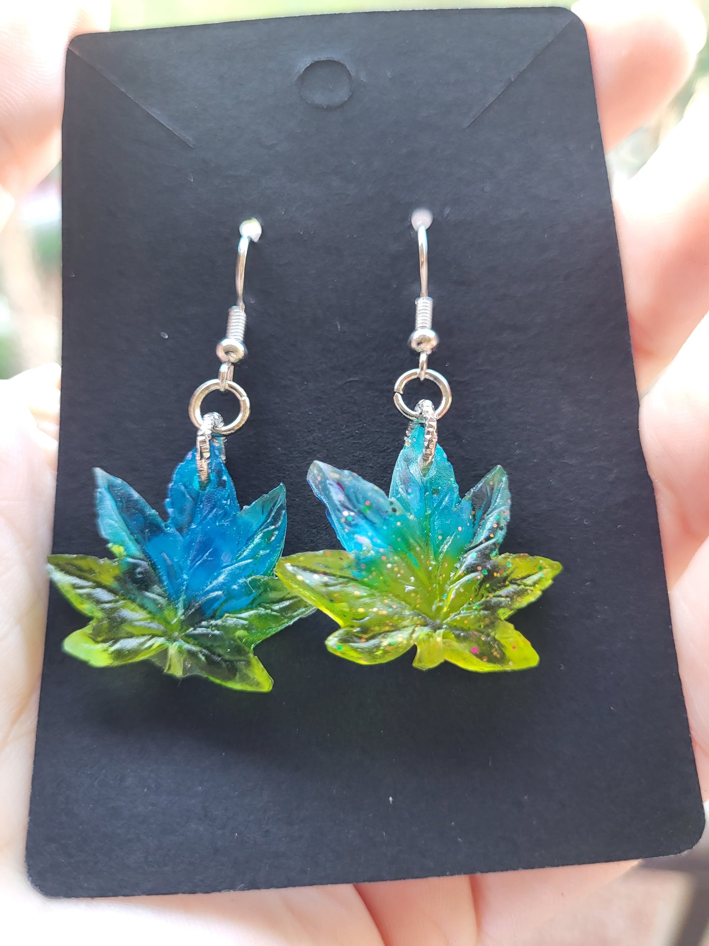 Green & Blue Weed Leaf Earrings