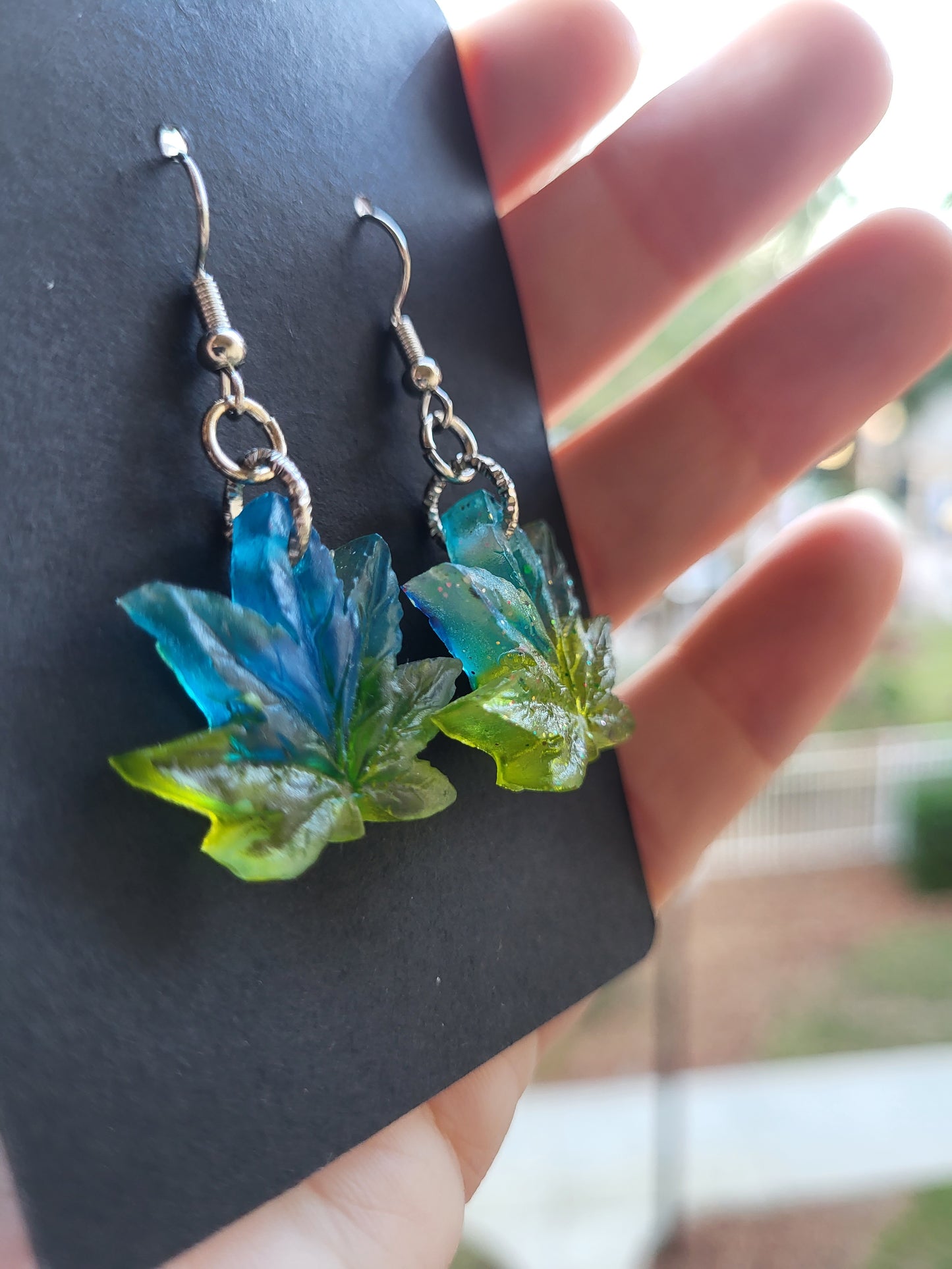 Turquoise and Sage Weed Leaf Hook Earrings