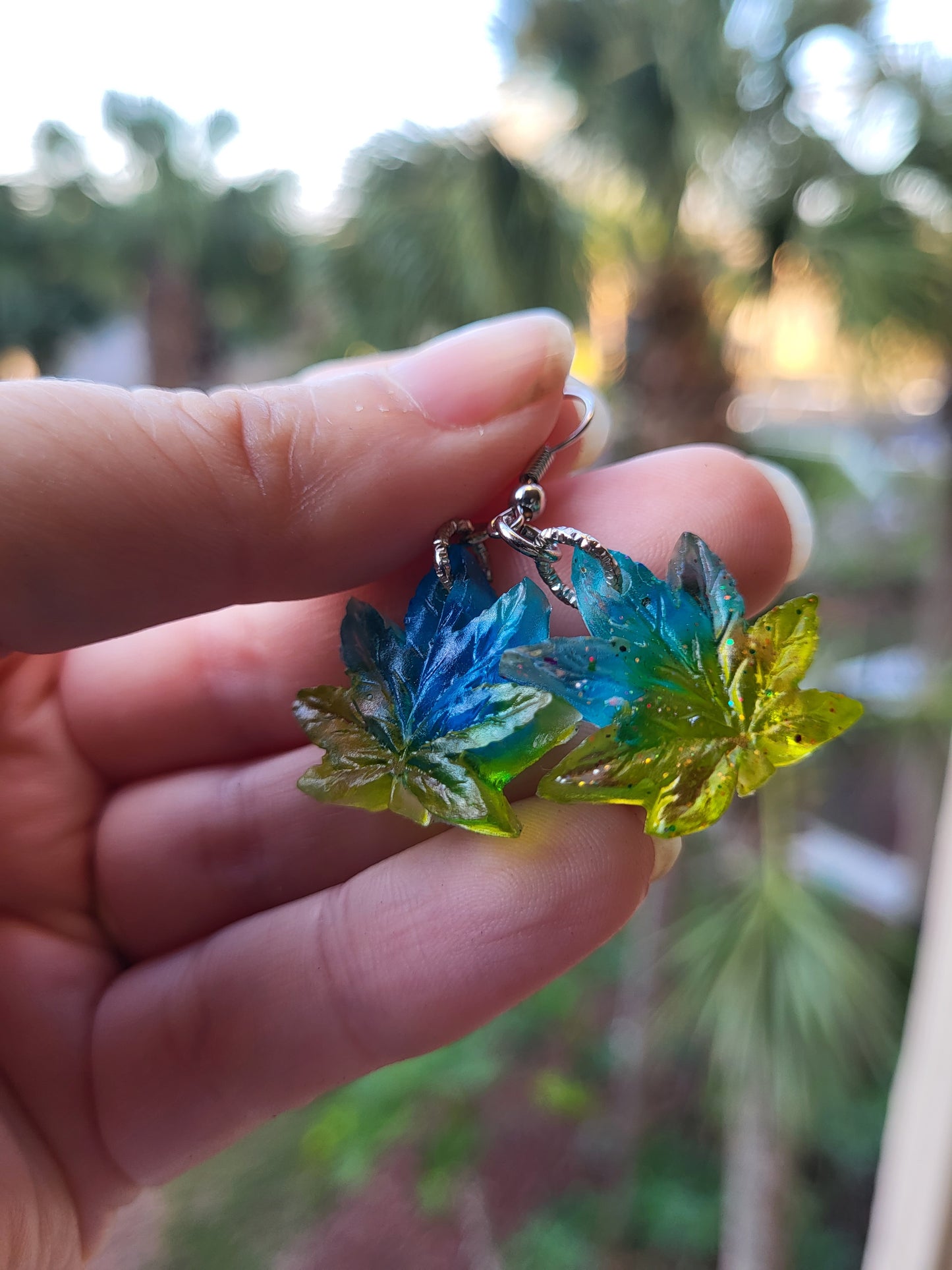 Turquoise and Sage Weed Leaf Hook Earrings