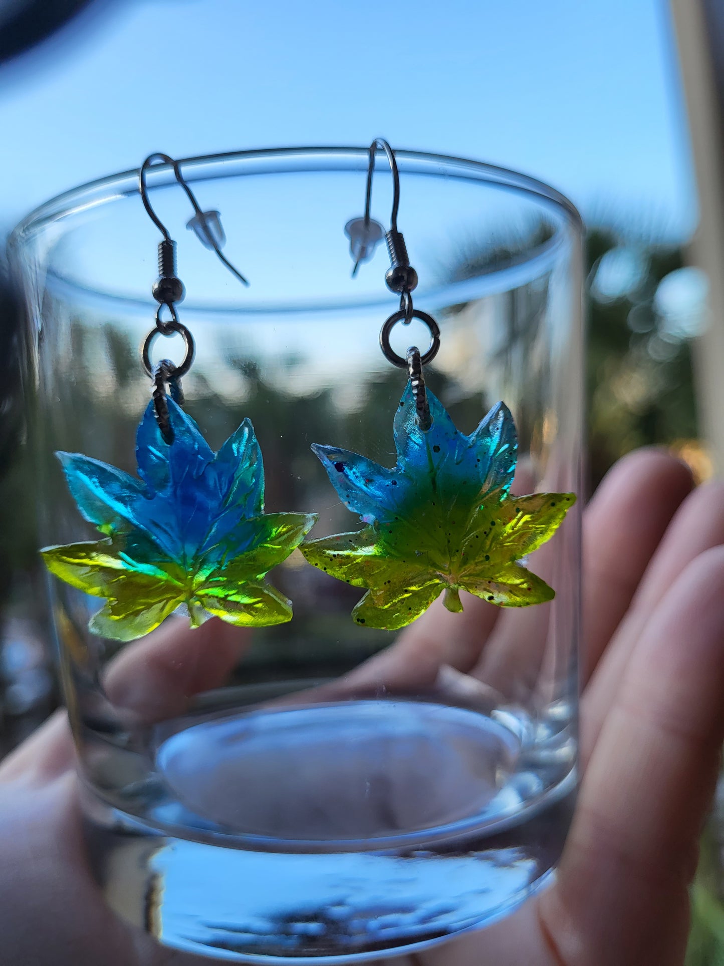 Turquoise and Sage Weed Leaf Hook Earrings