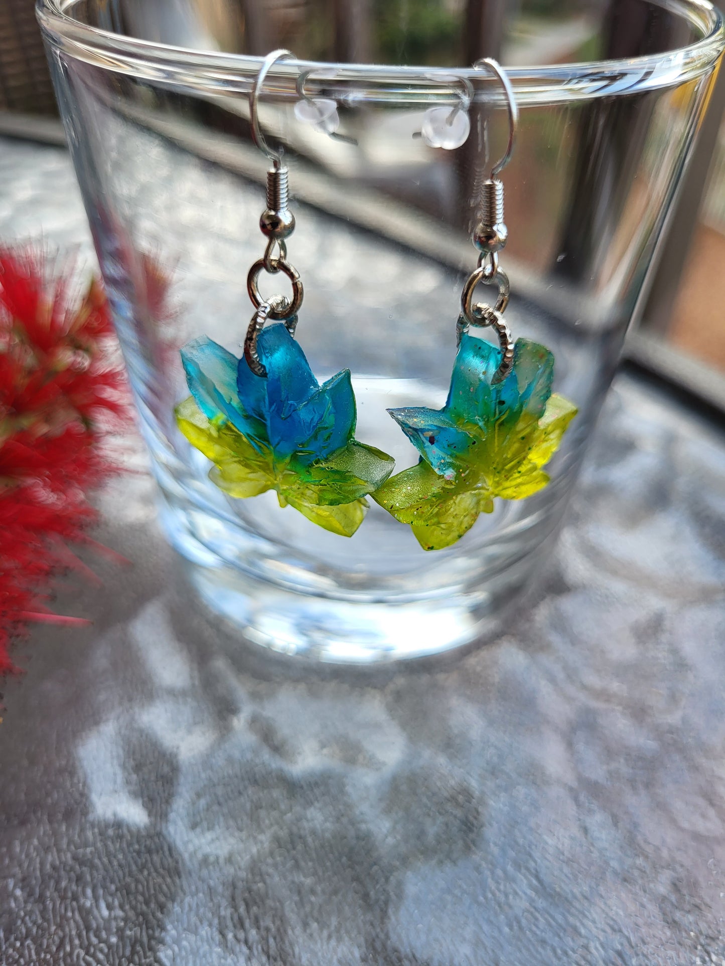 Turquoise and Sage Weed Leaf Hook Earrings