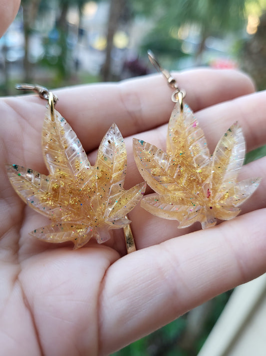 Gold Weed Leaf Earrings