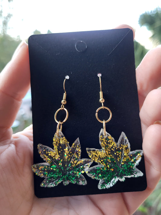 Green and Gold Weed Leaf Hook Earrings