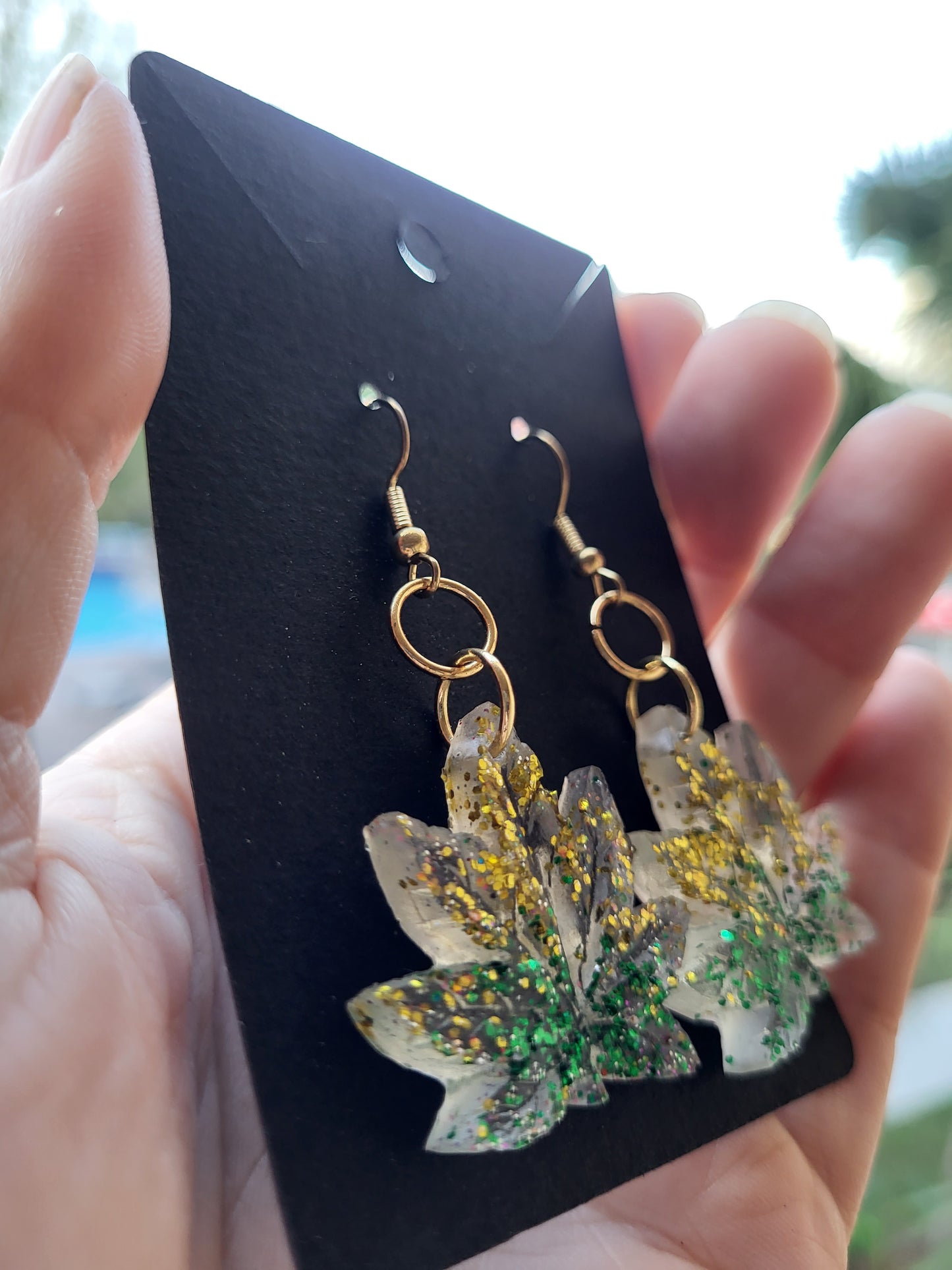 Green and Gold Weed Leaf Hook Earrings