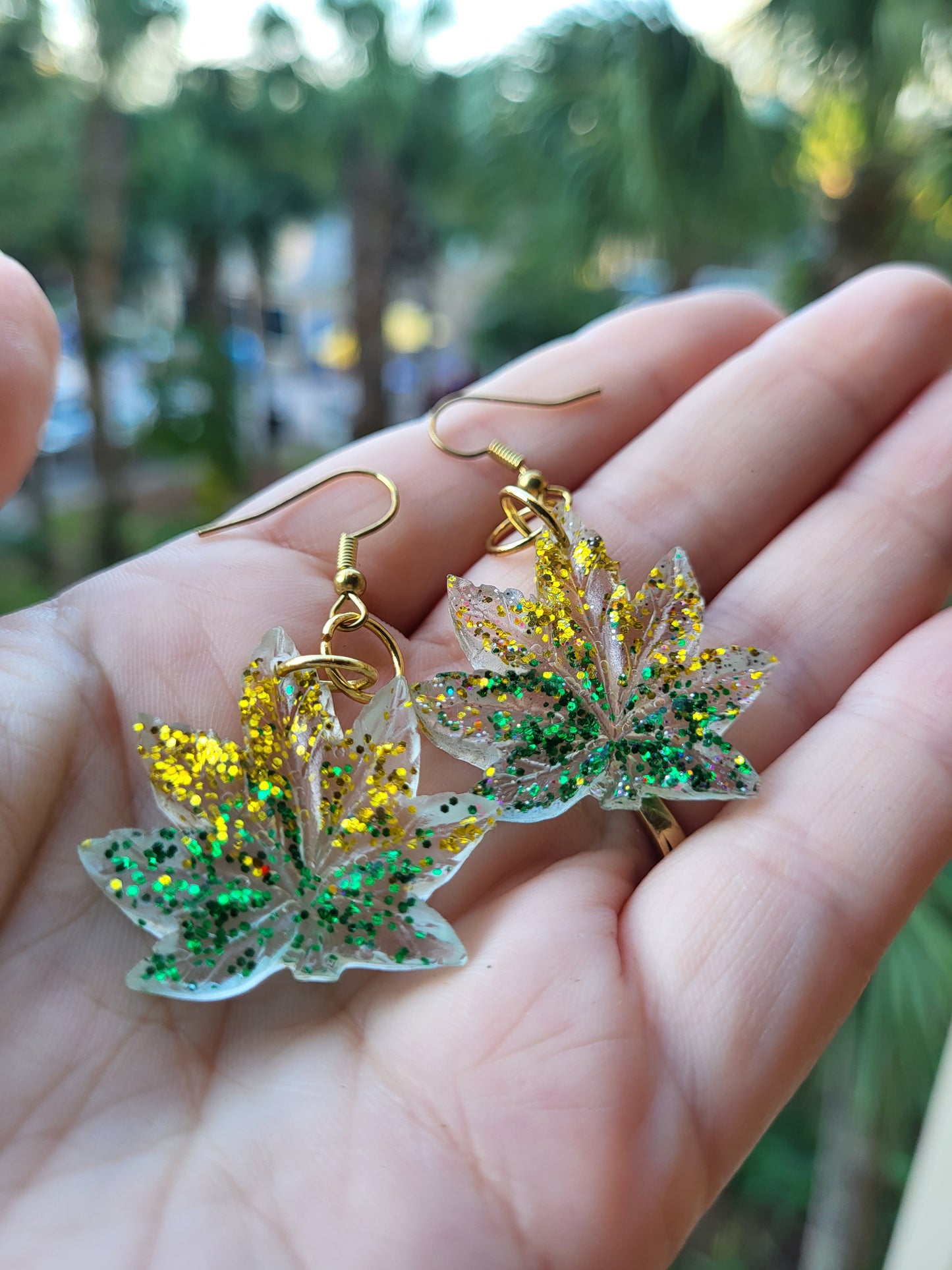 Green and Gold Weed Leaf Hook Earrings