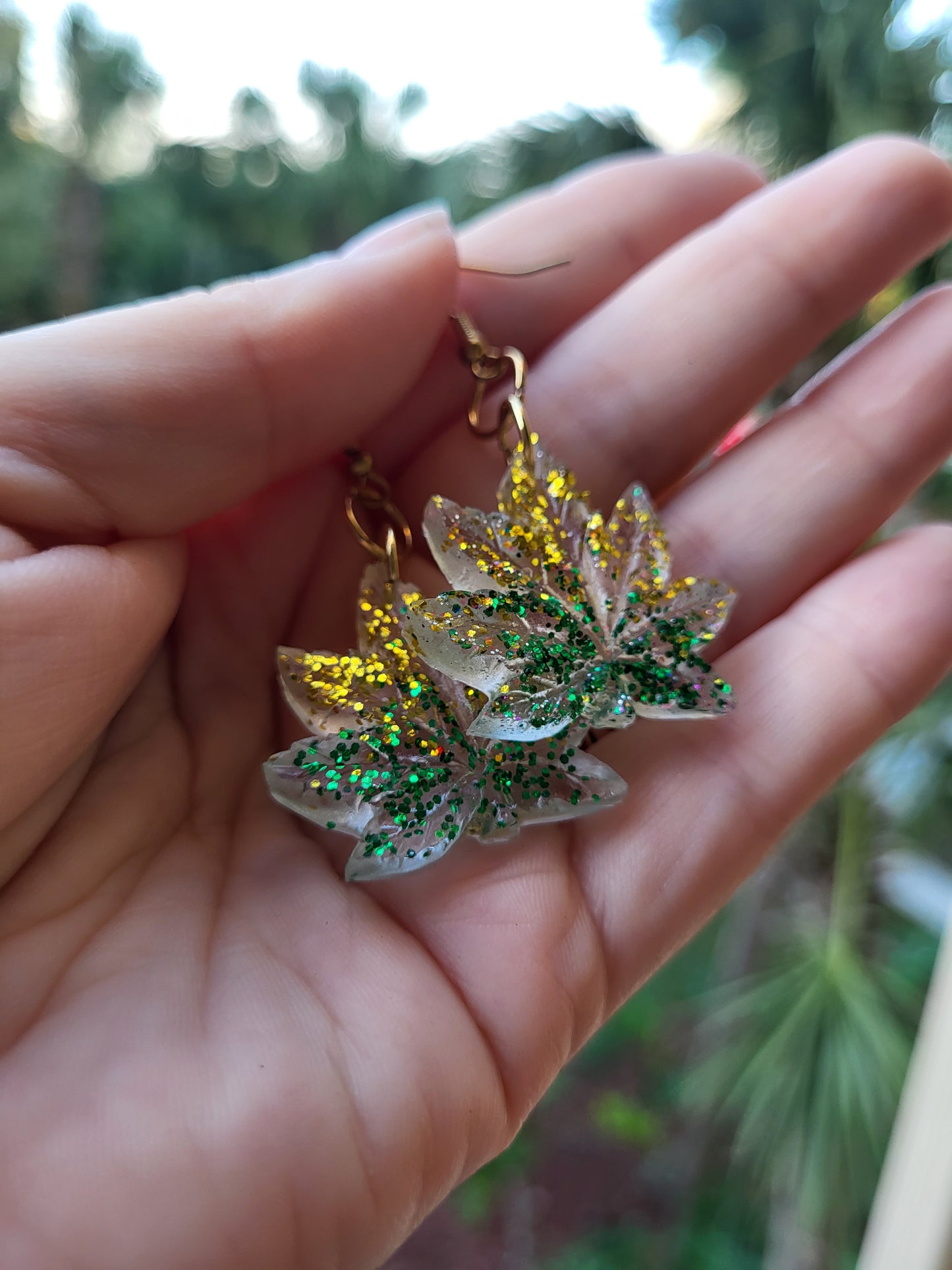 Green and Gold Weed Leaf Hook Earrings