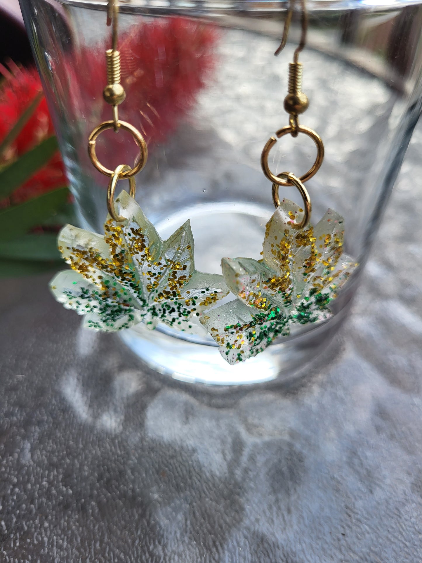 Green and Gold Weed Leaf Hook Earrings