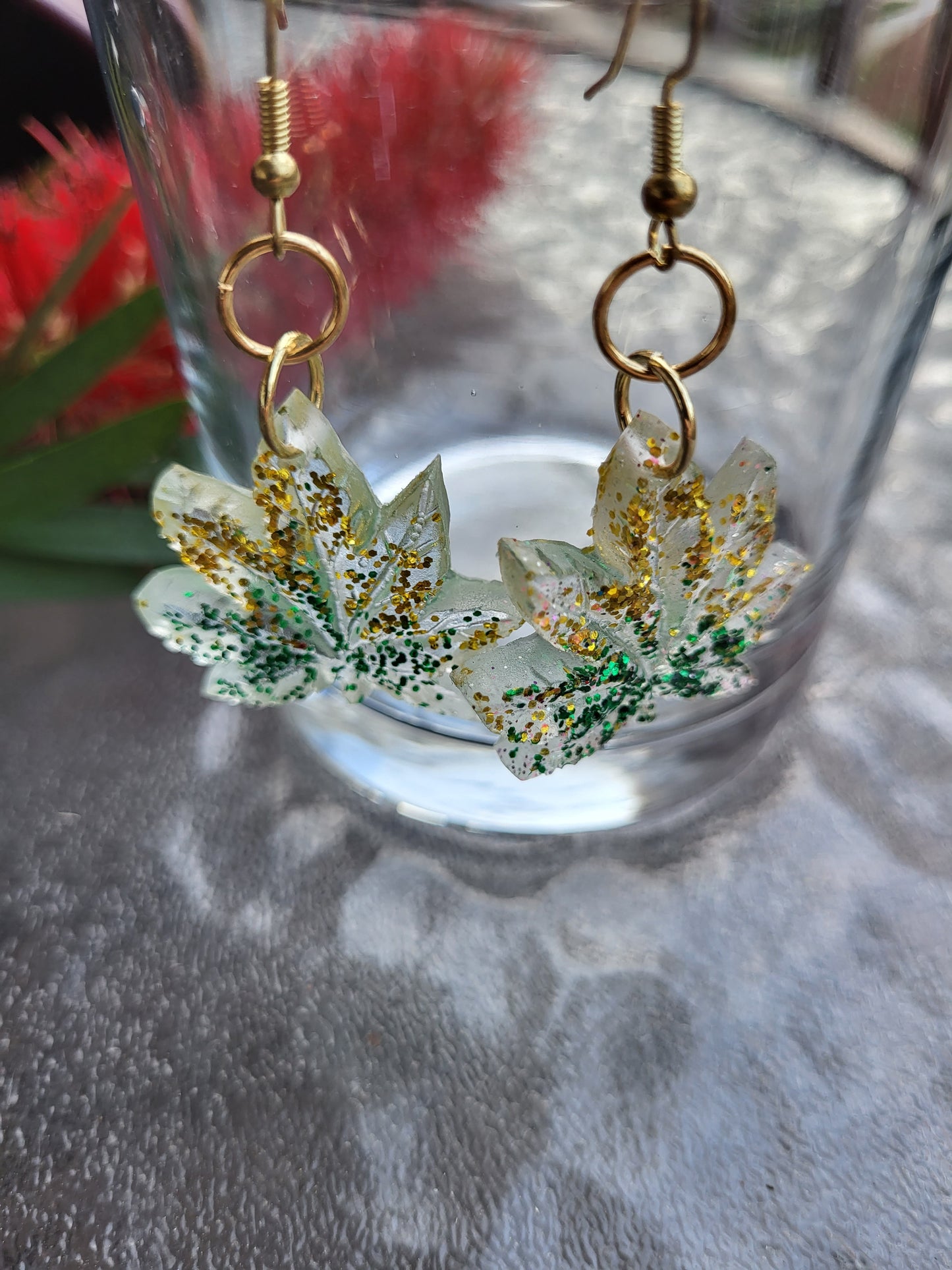 Green and Gold Weed Leaf Hook Earrings