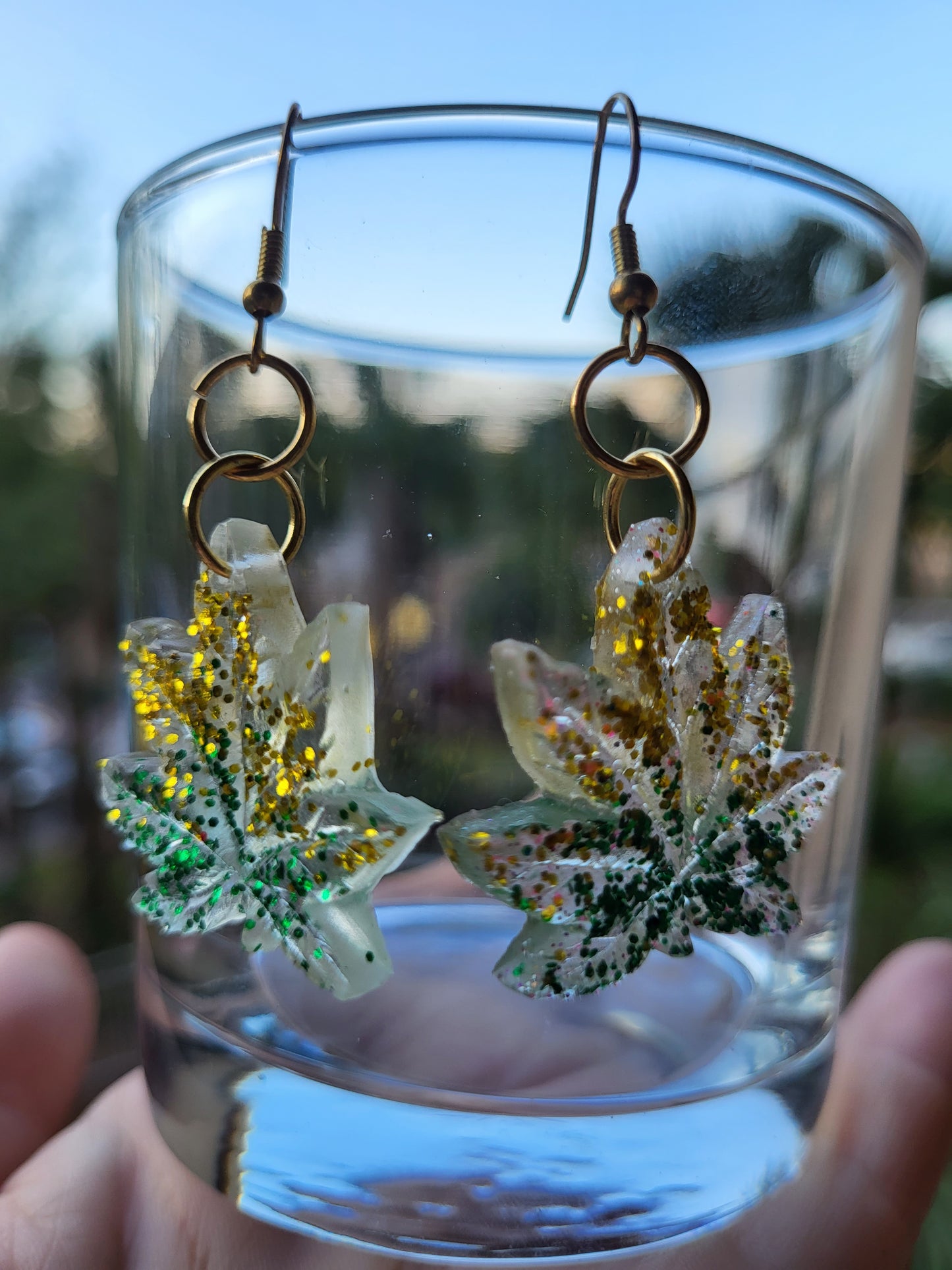 Green and Gold Weed Leaf Hook Earrings