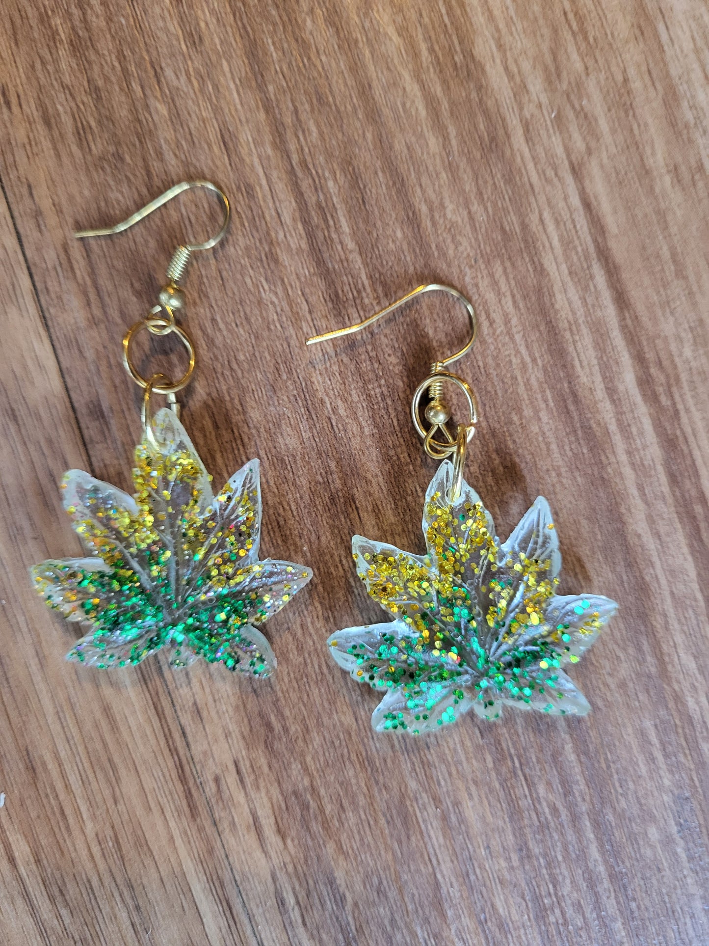 Green and Gold Weed Leaf Hook Earrings