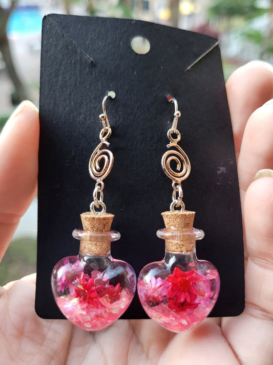 Glass Heart Cork Bottle Hook Earrings With Real Flowers