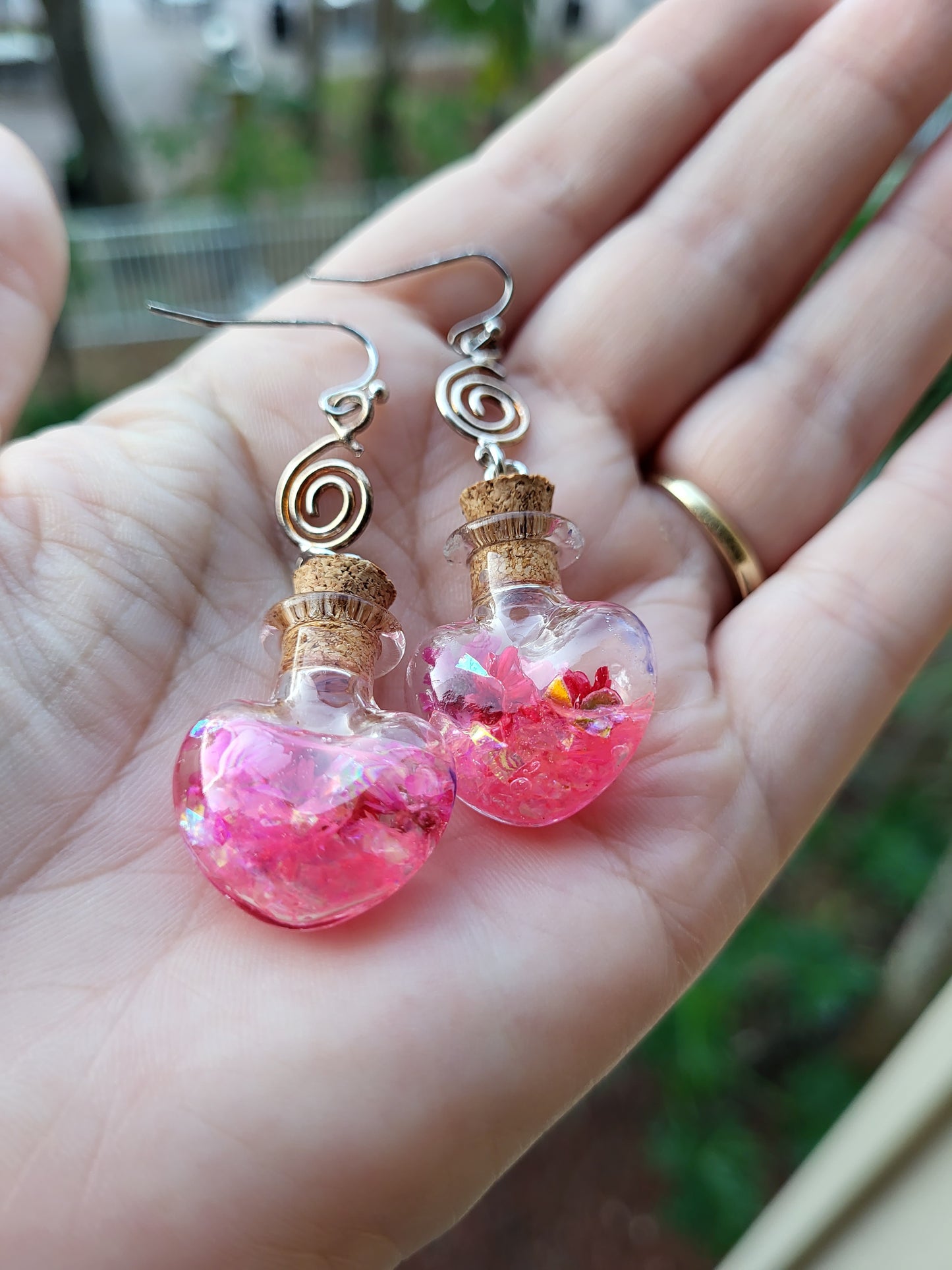 Glass Heart Cork Bottle Hook Earrings With Real Flowers