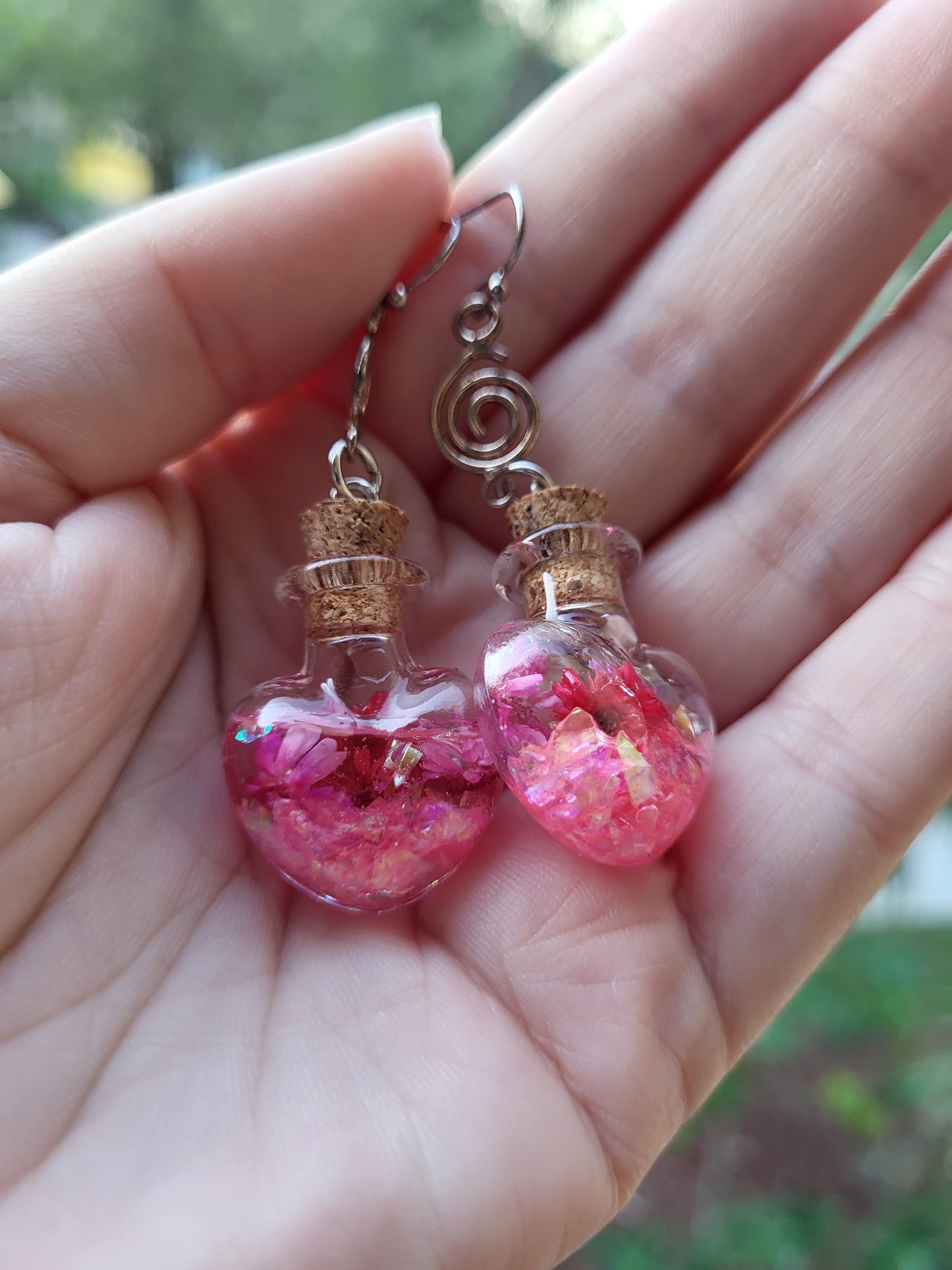 Glass Heart Cork Bottle Hook Earrings With Real Flowers