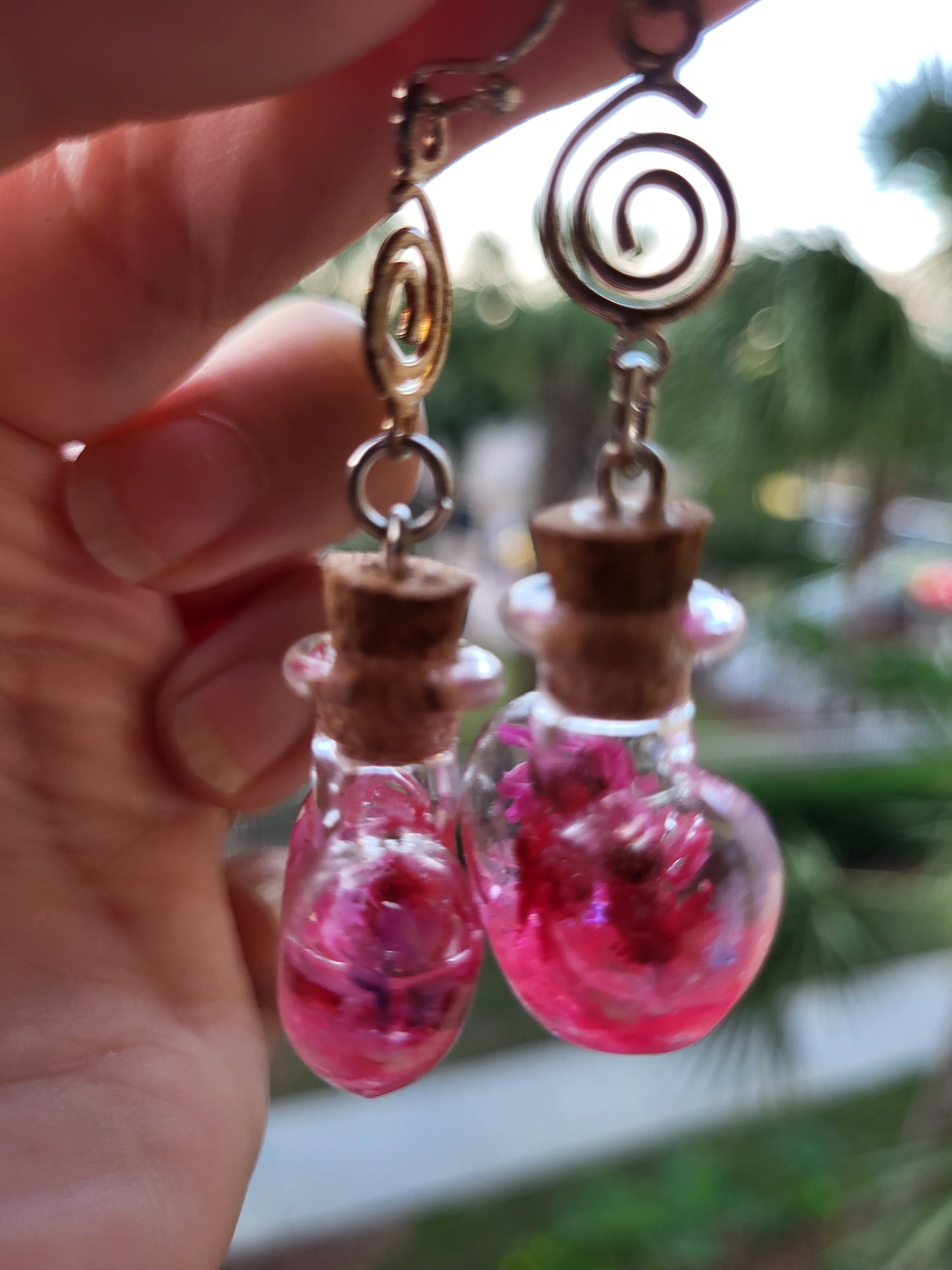 Glass Heart Cork Bottle Hook Earrings With Real Flowers