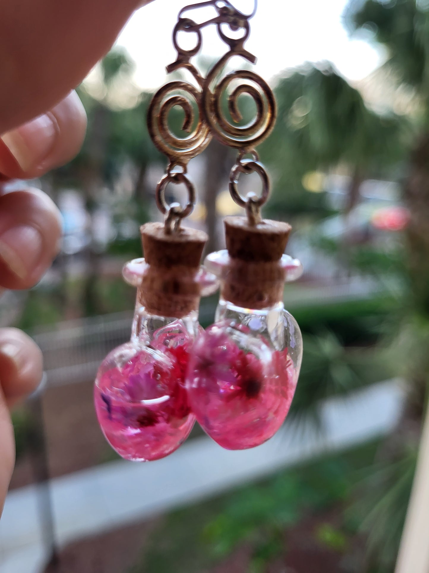 Glass Heart Cork Bottle Hook Earrings With Real Flowers